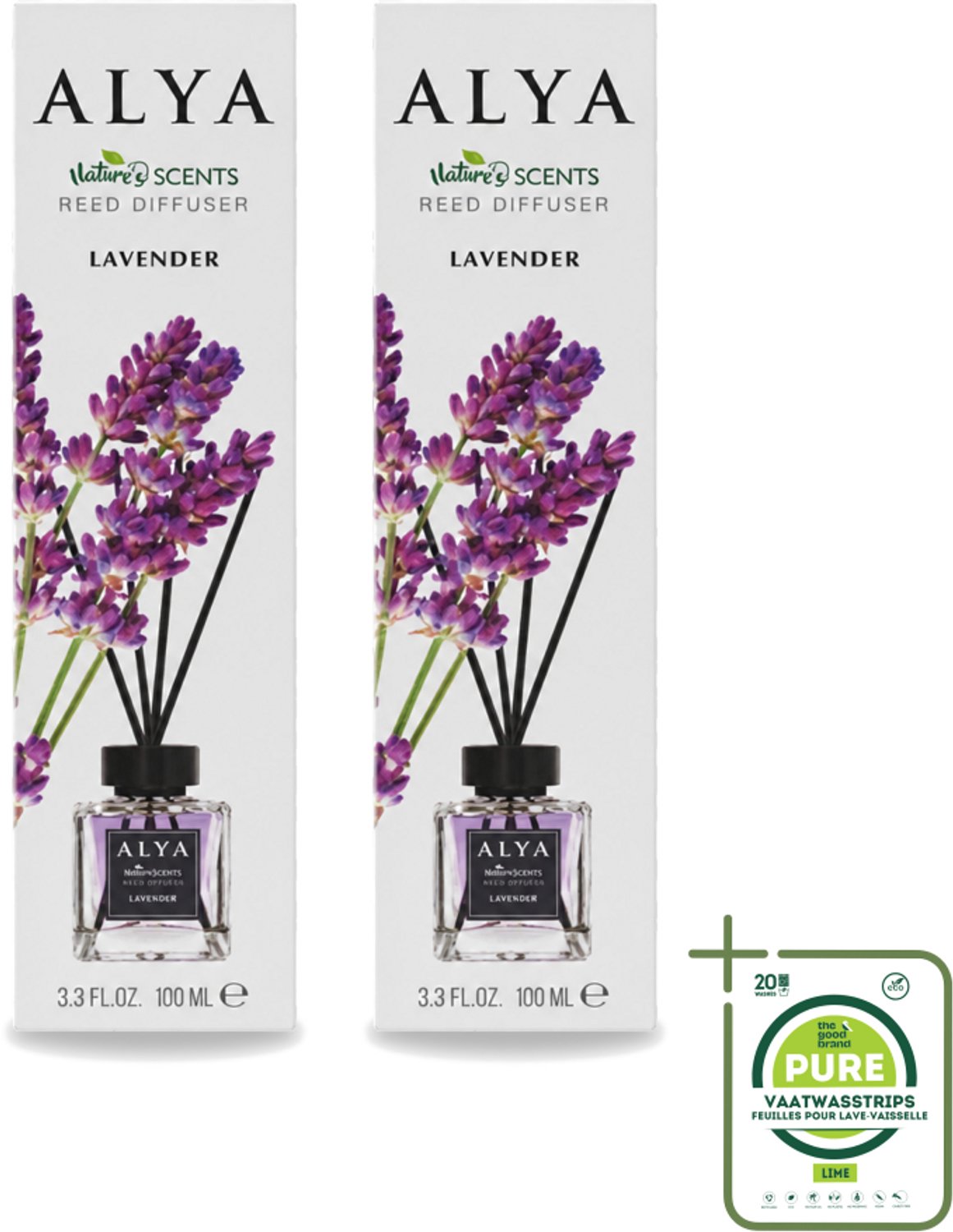 2 x Alya – Reed Diffuser – Lavender – Interieurparfum - Grootverpakking - Vaatwasstrips - Lavendel Geurstokjes - Rustgevende Geur - Ontspanning Thuis - Frisse Geur - Natuurlijke Geur