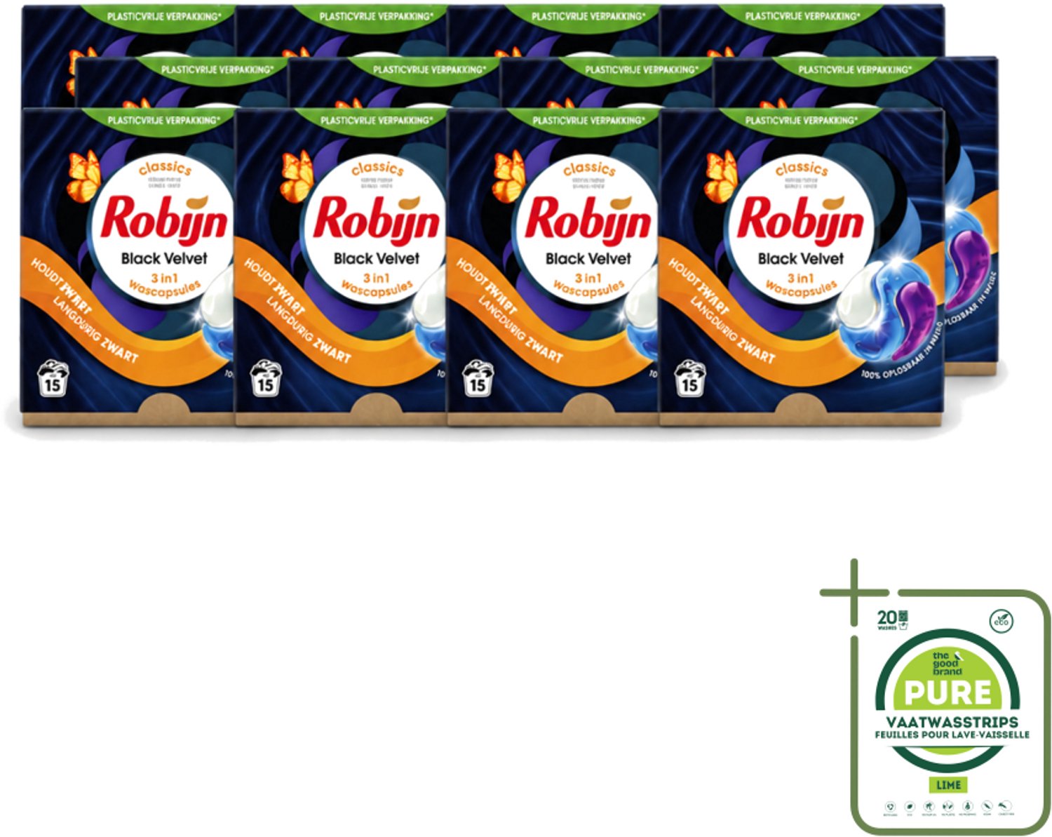 12 x Robijn – 3-in-1 Wascapsules – Black Velvet – 15 capsules - Grootverpakking - Vaatwasstrips - Zwarte Was - Zwart Kleding - Kleurbehoud - Wascapsules - Black Serum