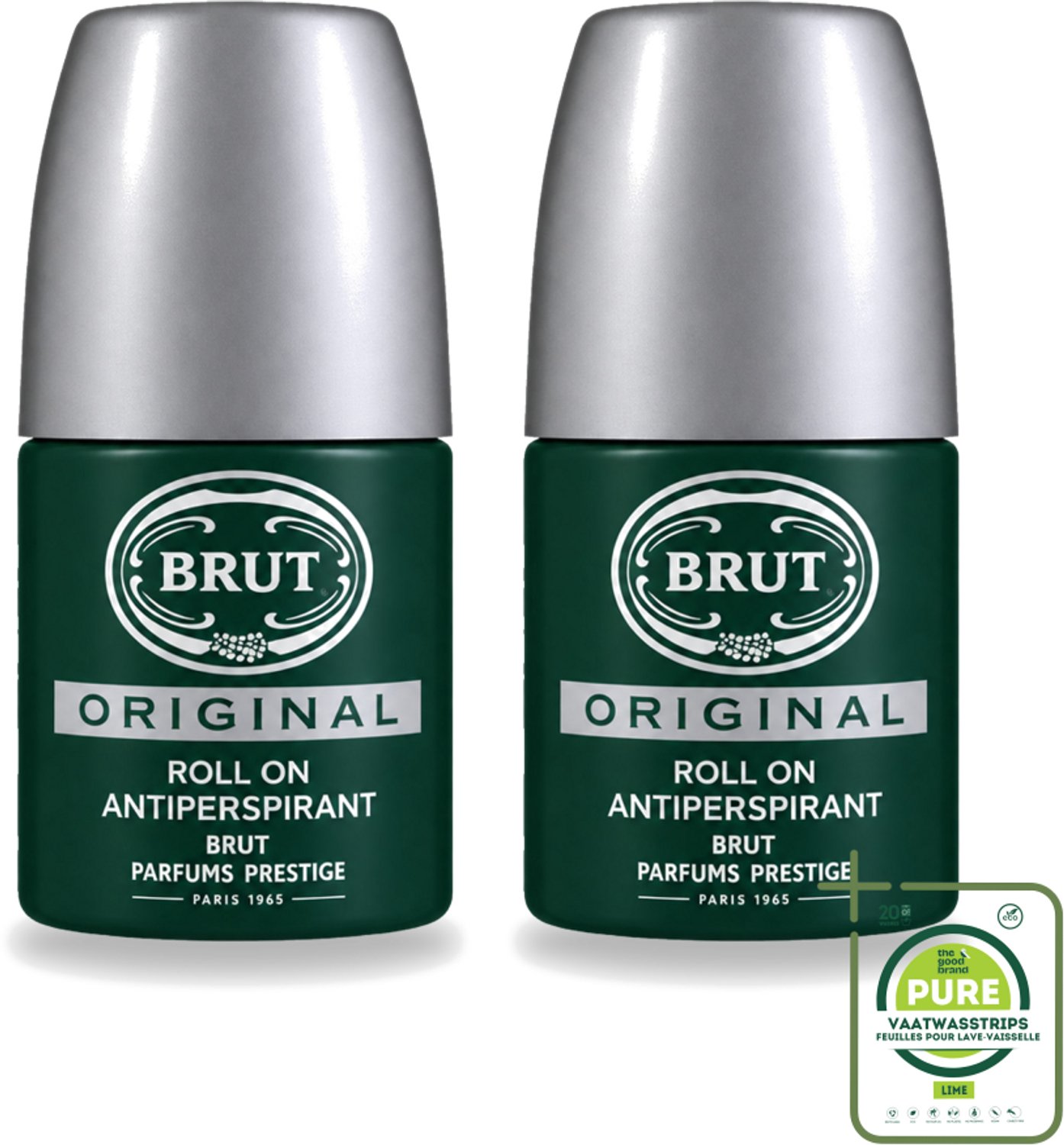 2 x Brut – Deodorant Roll-On – Original – Glas – 50 ml - Grootverpakking - Vaatwasstrips - Deodorant Voor Mannen - Zweetgeur Bestrijding - Fris Gevoel - Klassieke Geur - Roll-on Deodorant