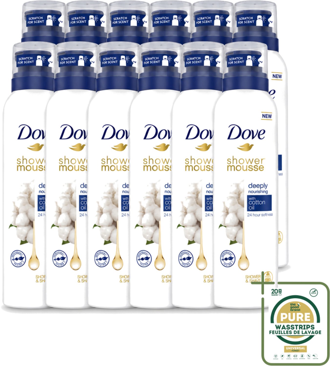 12 x Dove – Douchefoam – Deeply Nourishing Cotton Oil – 200 ml - Wasstrips - Douchefoam - Huid Verzorging - Katoenzaadolie - Hydratatie - Droge Huid