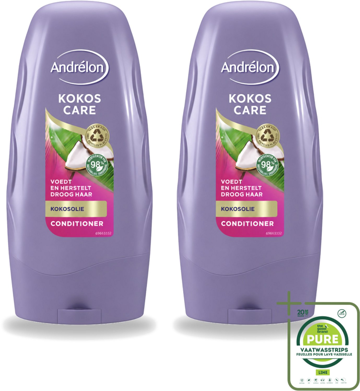 2 x Andrélon - Kokos Care - Conditioner - Diepe Hydratatie - 250 ml - Grootverpakking - Vaatwasstrips - Droog Haar - Herstel Haar - Kokosolie - Kokosmelk - Hydratatie