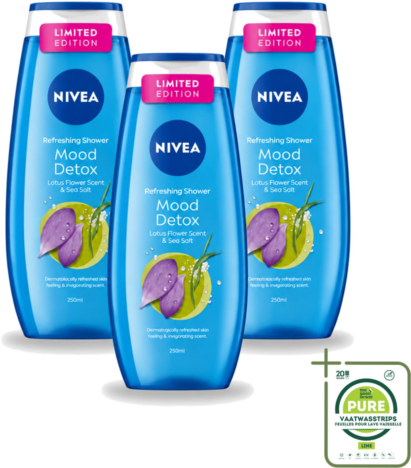 3 x Nivea – Douchegel – Creme Mood Detox – 250 ml - Grootverpakking - Vaatwasstrips - Douchegel - Zeezout - Ontspanning - Huidverzorging - Mood Detox