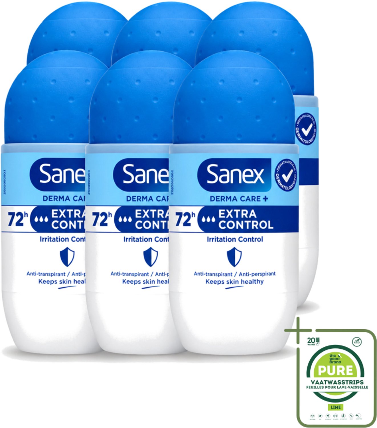 6 x Sanex – Deo Roll-on – Dermo Extra Control – 53 ml - Grootverpakking - Anti-transpirant - Zweetvermindering - Huidbalans - Aluminiumchloride - Droge Oksels