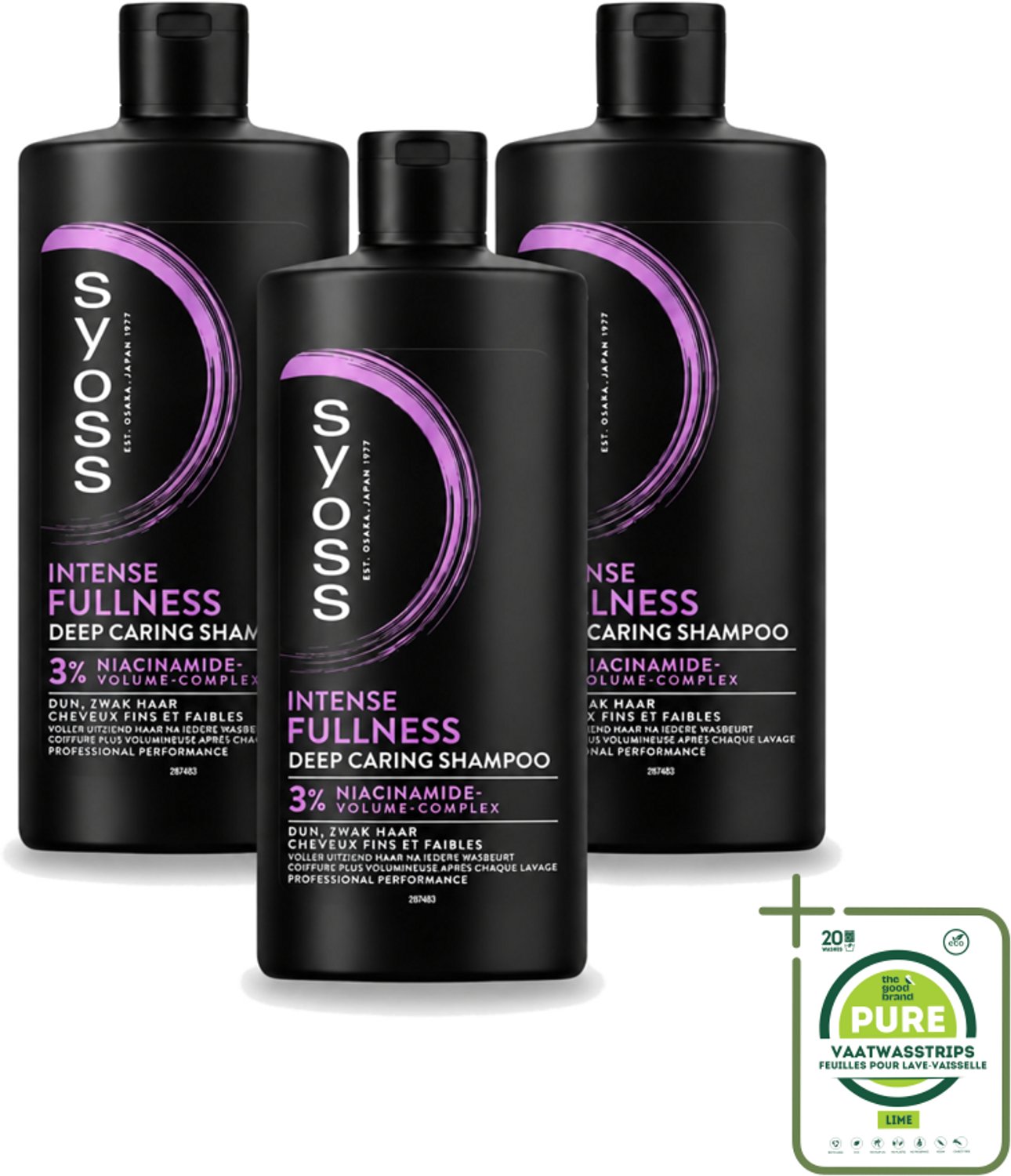 3 x Syoss – Shampoo – Intense Fullness – 440 ml - Grootverpakking - Vaatwasstrips - Volume Shampoo - Volumeshampoo - Haarversterking - Niacinamide Shampoo - Haarbody
