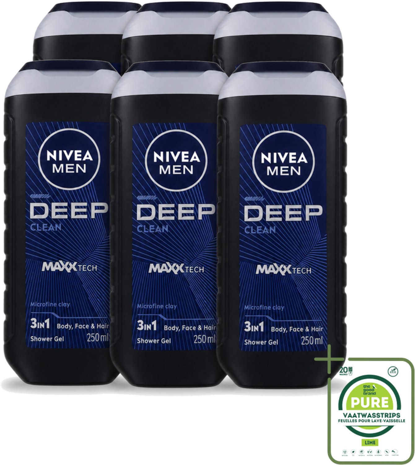 6 x Nivea Men – Douchegel – Deep Clean – 250 ml - Grootverpakking - Vaatwasstrips - Douchegel - Diepe Reiniging - Microfijne Klei - Huid Reinigen - Haar Reinigen