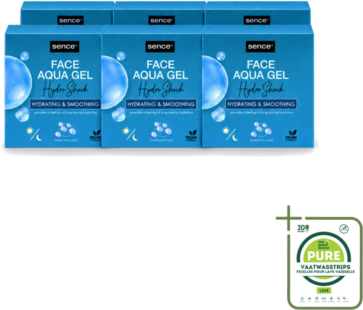 6 x Sence – Dagcrème – Aqua Gel Hydro Shock 2-in-1 – 50 ml - Grootverpakking - Vaatwasstrips - Hyaluronzuur Serum - Hydratatie Serum - Huid Verzorging - Stralende Huid - Fijne Lijntjes Verminderen