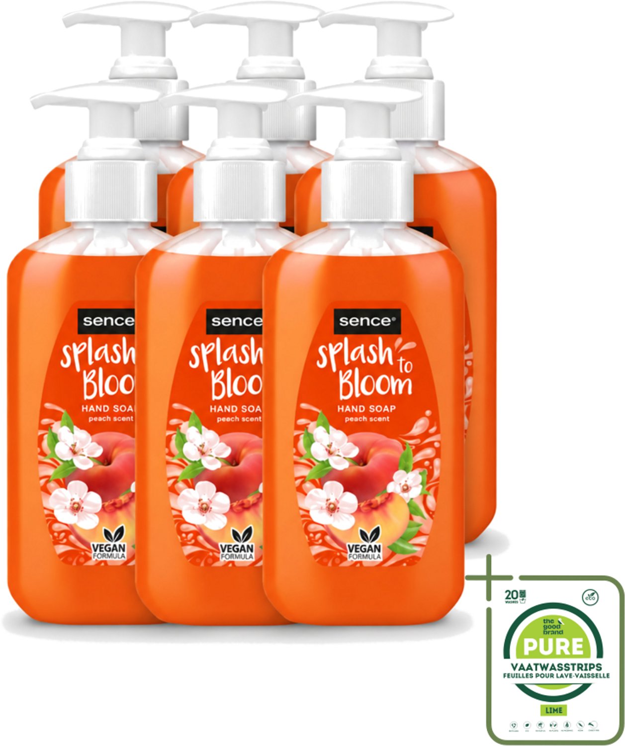 6 x Sence – Handzeep – Splash To Bloom Peach – 500 ml - Grootverpakking - Vaatwasstrips - Handzeep - Perzikgeur - Reiniging - Handen Reinigen - Zachte Handzeep