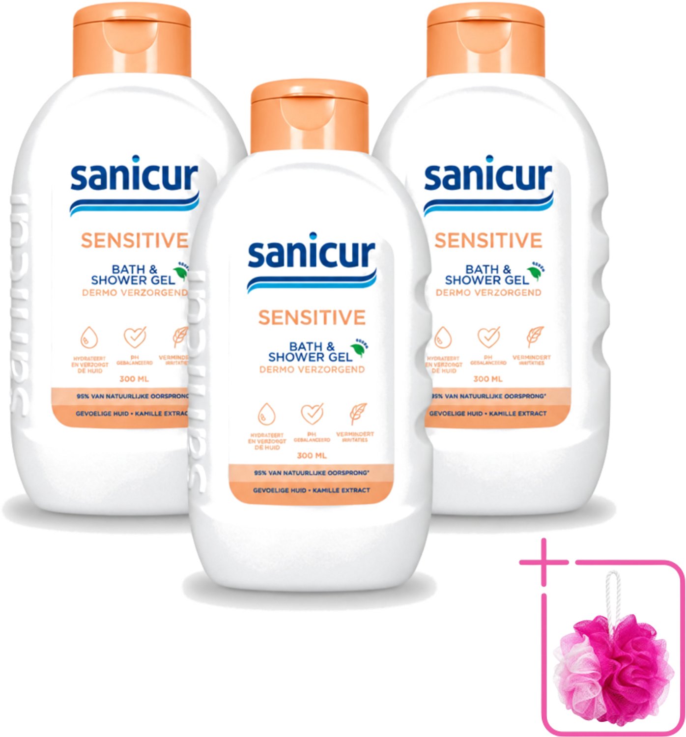 3 x Sanicur – Bad & Douchegel – Sensitive – 300 ml - Bulkverpakking - Gevoelige huid - Douchemop - Bad en douchegel