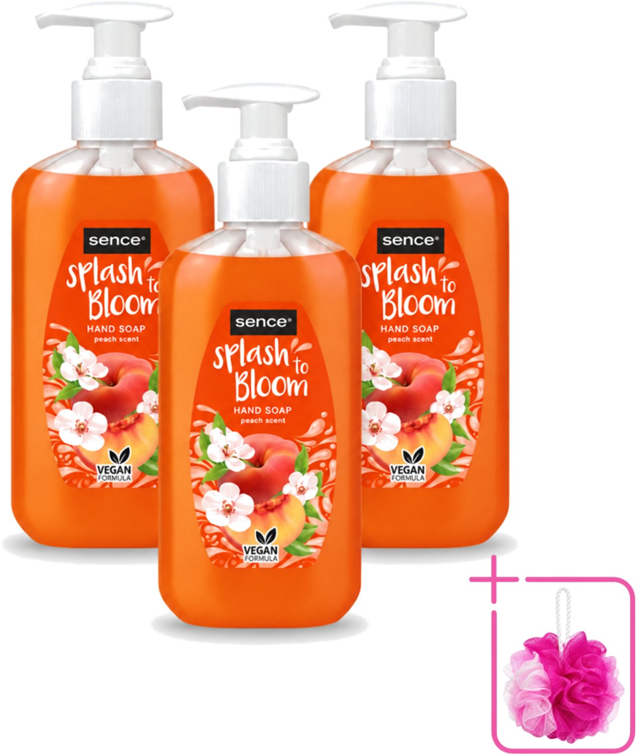 3 x Sence – Handzeep – Splash To Bloom Peach – 500 ml - Bulkverpakking - Handzeep - Douchemop - Perzikgeur
