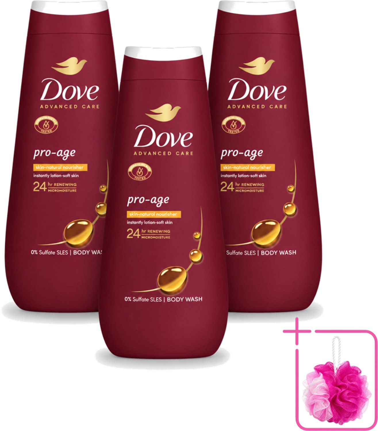 3 x Dove – Douchegel – Pro Age Body Wash – 400 ml - Bulkverpakking - Douchegel voor rijpere huid - Douchemop - Huidverzorging
