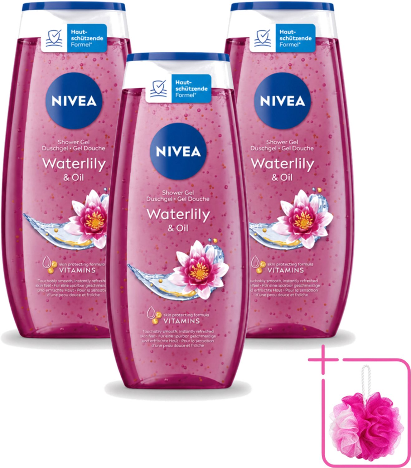3 x Nivea – Douchegel – Waterlily & Oil – 250 ml - Bulkverpakking - Douchegel - Douchemop - Waterlelie