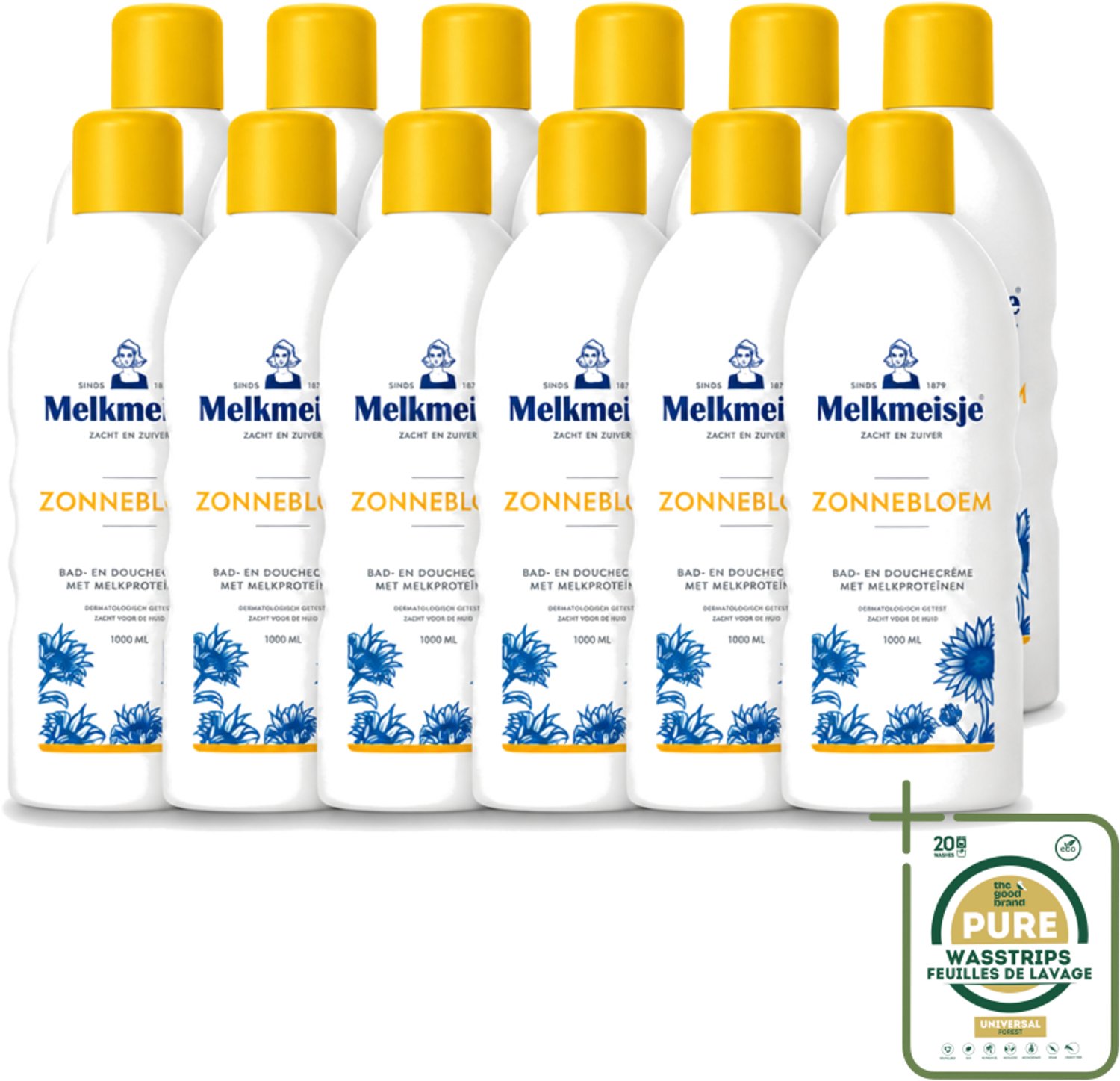 12 x Melkmeisje - Bad & Douche Zonnebloem - Romig Parfum - 1000 ml - Wasstrips - Douchecrème - Melkproteïnen - Zonnebloemextract - Huidverzorging - Fris Parfum