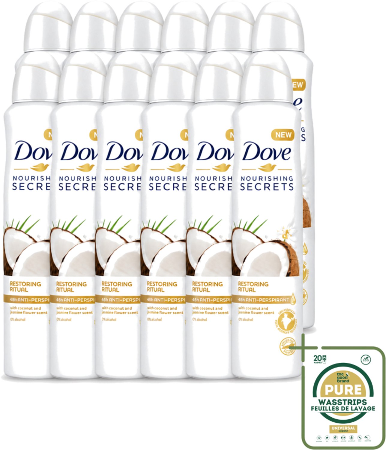12 x Dove - Deodorant - Coconut & Jasmine Flower - Tropisch en verzorgend - 250 ml - Wasstrips - Dove Deodorant - Kokos En Jasmijn - Anti-transpirant Spray - Verzorgende Deodorant - Geur Van Kokos En Jasmijn