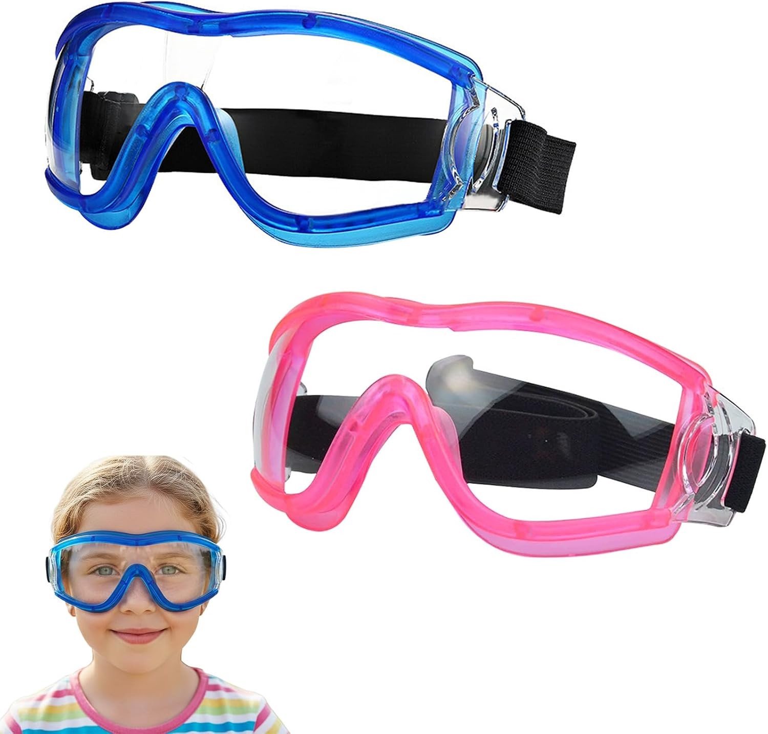 Veiligheidsbril voor Kinderen - Schokbestendig en Antifog, Verstelbare Band - Geschikt voor 5-12 Jaar (Roze + Blauw)