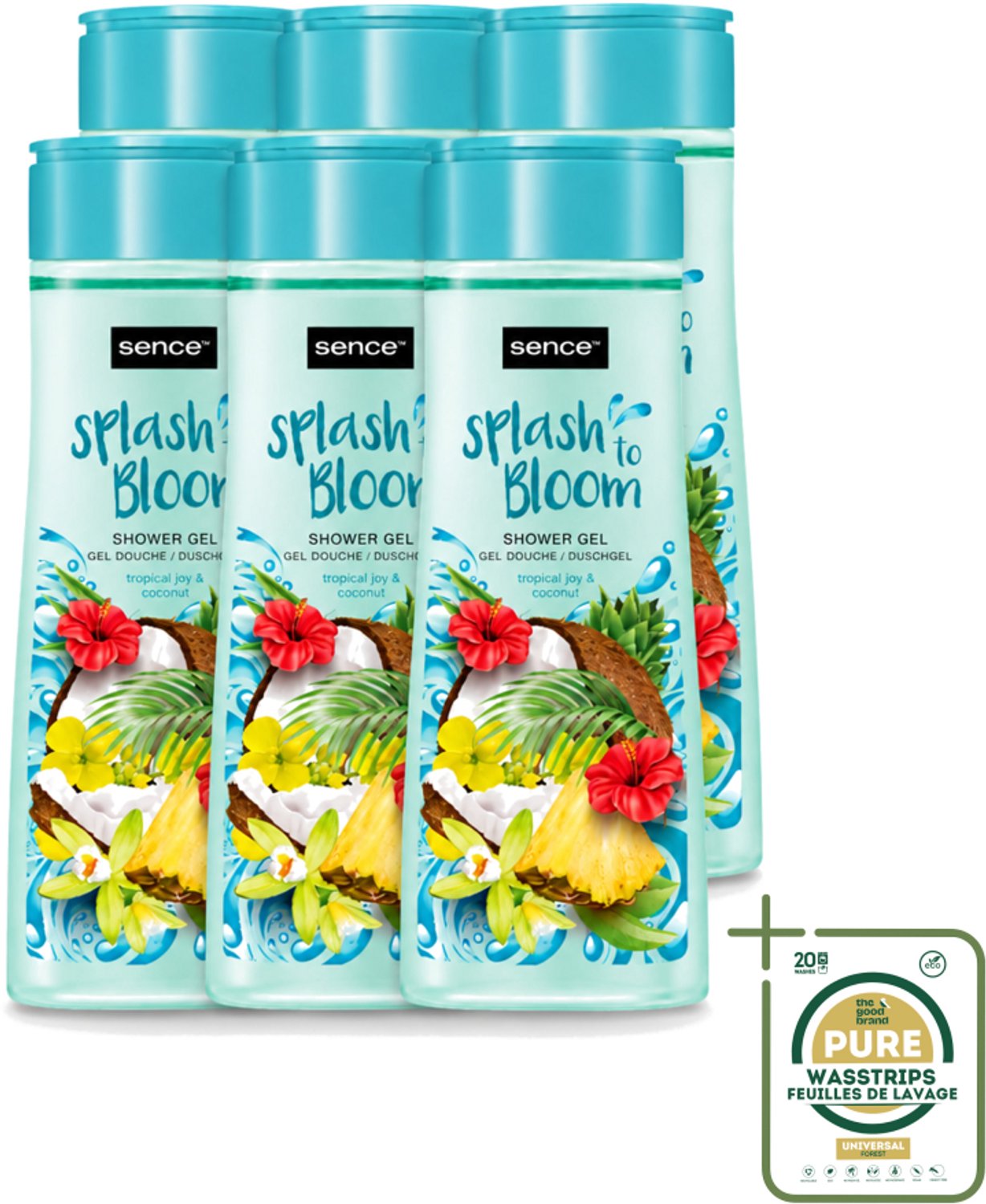 6 x Sence - Tropical Joy & Coconut - Douchegel - Exotisch - 300 ml - Wasstrips - Douchegel - Kokos - Tropisch Fruit - Exotische Geur - Huidverzorging