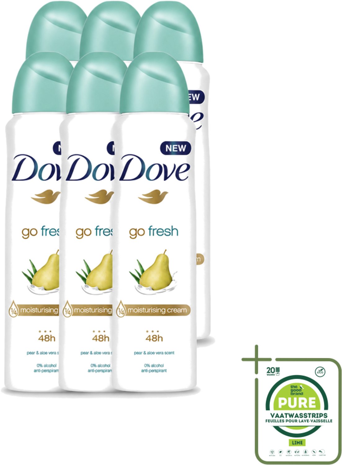 6 x Dove - Deodorant - Spray Go Fresh Pear & Aloe - Frisse en verzorgende geur - 250 ml - Grootverpakking - Vaatwasstrips - Dove Deodorant Spray - Go Fresh Pear - Aloe Vera - Frisheid - Okselverzorging