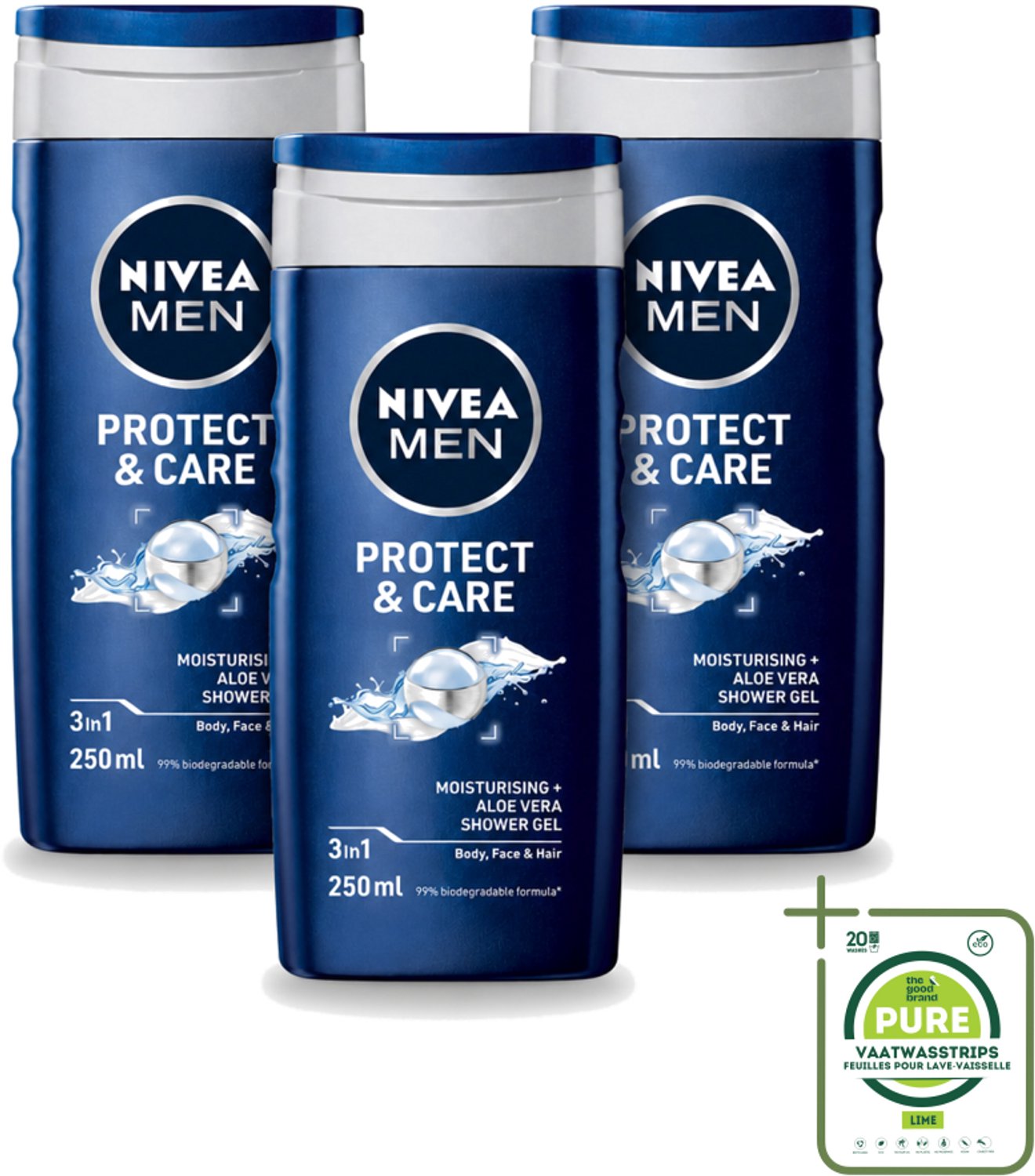 3 x Nivea - Men - Douchegel - Protect & Care - Met Aloe Vera 250 ml - Grootverpakking - Vaatwasstrips - Douchegel Voor Mannen - Aloë Vera Douchegel - Lichaam En Haar Verzorgen - Hydraatende Douchegel - Schuim Douchegel