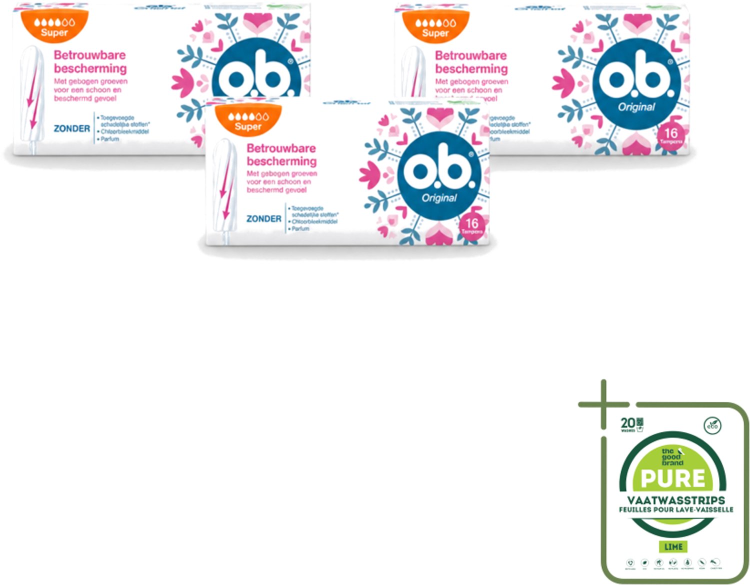 3 x o.b. Tampons - Original Super - Gebogen Groeven - Voor Betrouwbare Bescherming - 16 Tampons - Grootverpakking - Vaatwasstrips - Tampons - Menstruatiebescherming - Gebogen Groeven - StayDry - Plantaardige Kern