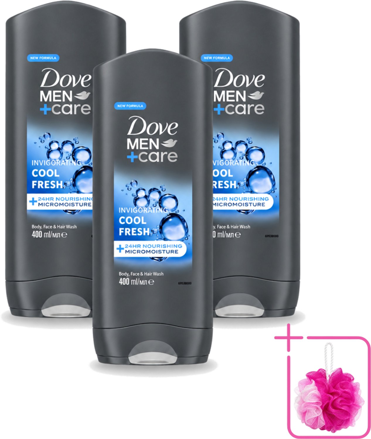 3 x Dove - Douchegel - Men+ Care Cool Fresh - Verfrissend en energiegevend - 400 ml - Bulkverpakking - Douchegel voor mannen - Douchemop - Verfrissende geur