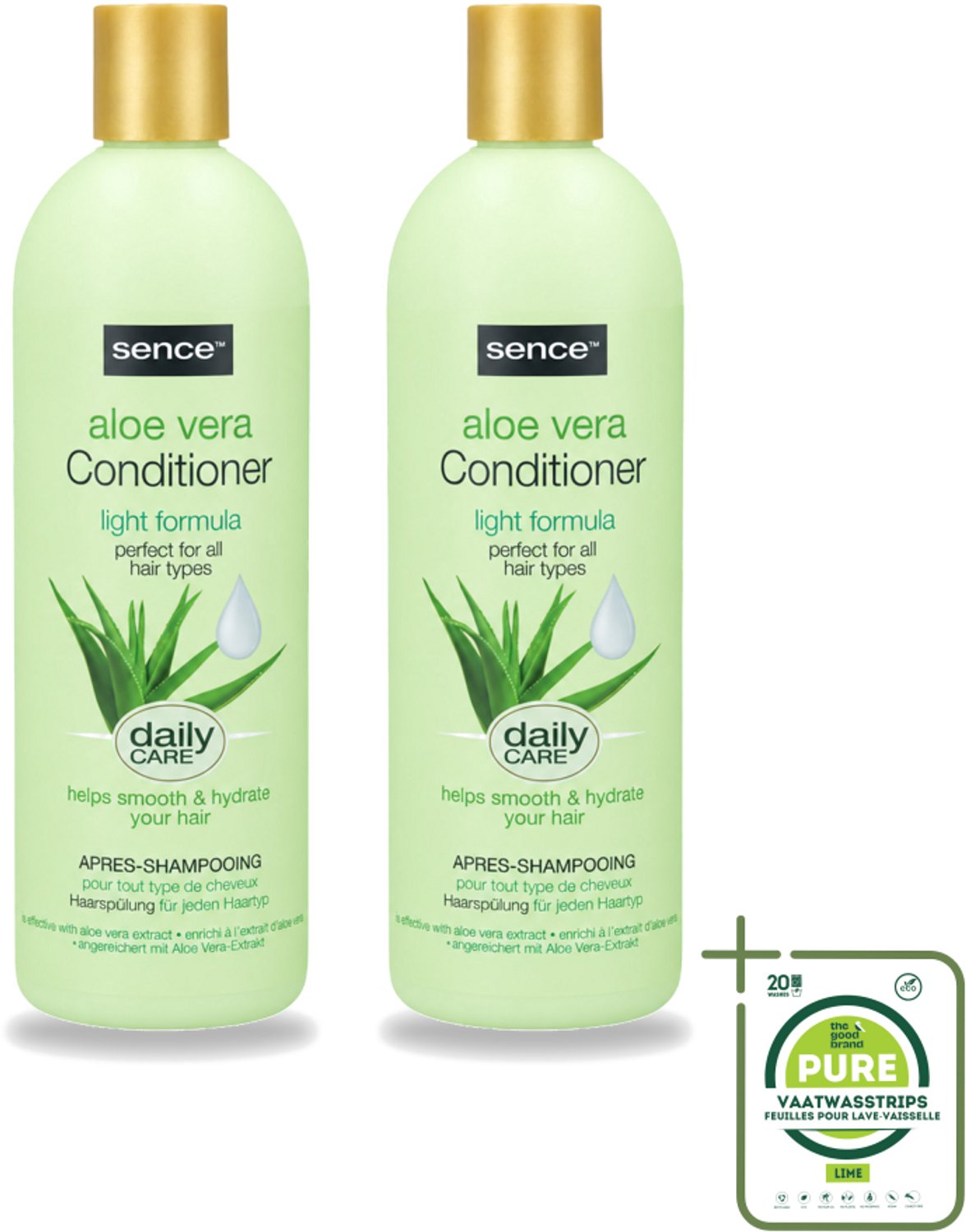 2 x Sence - Aloë Vera - Conditioner - Hydraterend - 400 ml - Grootverpakking - Vaatwasstrips - Aloë Vera Conditioner - Haarhydrateren - Droog Haar Verzorgen - Beschadigd Haar Herstellen - Haar Herstellen