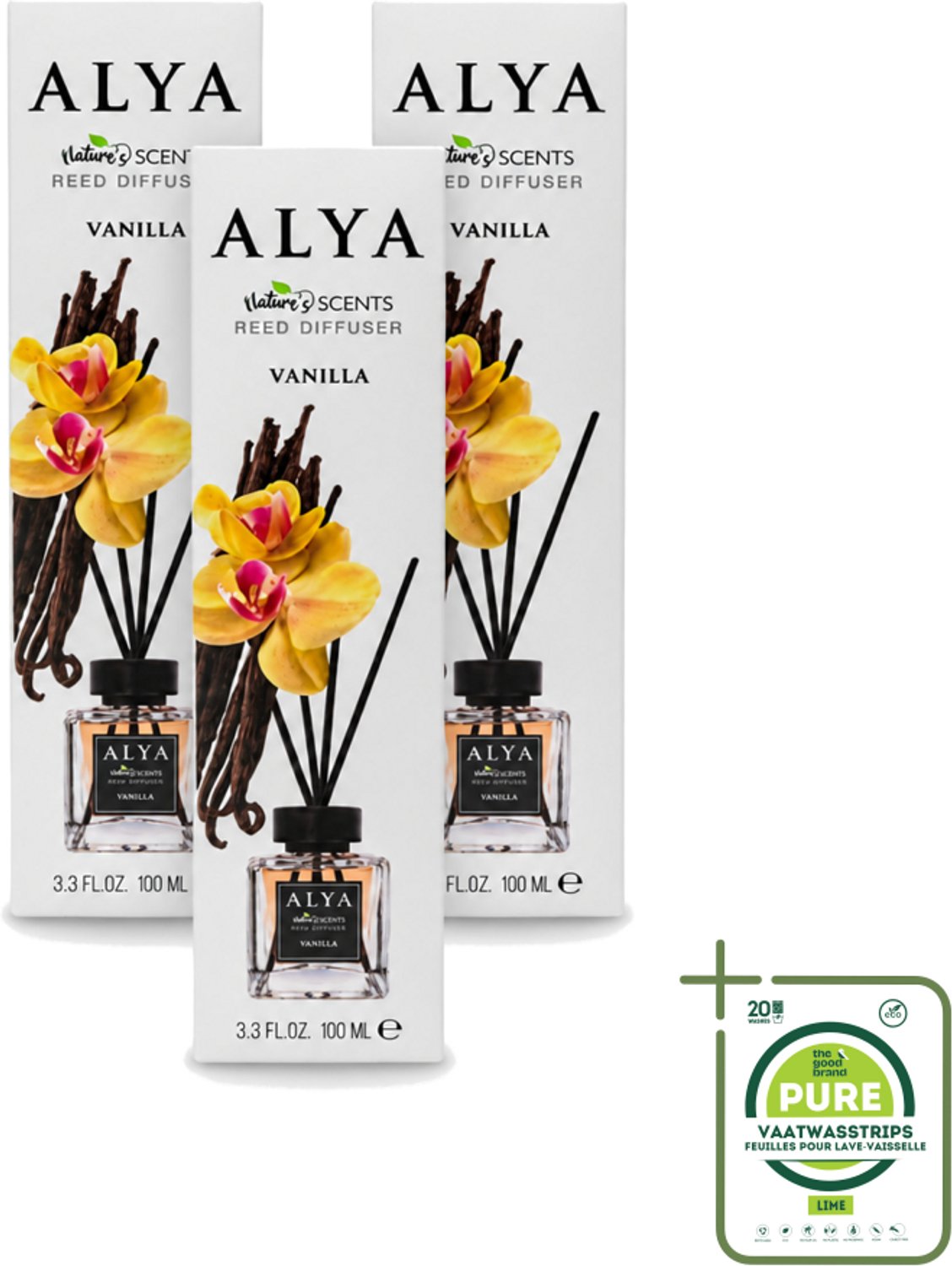 3 x Alya – Reed Diffuser – Vanilla – Interieurparfum - Grootverpakking - Vaatwasstrips - Geurstokjes - Vanille - Warme Geur - Huisgeur - Geur In Huis