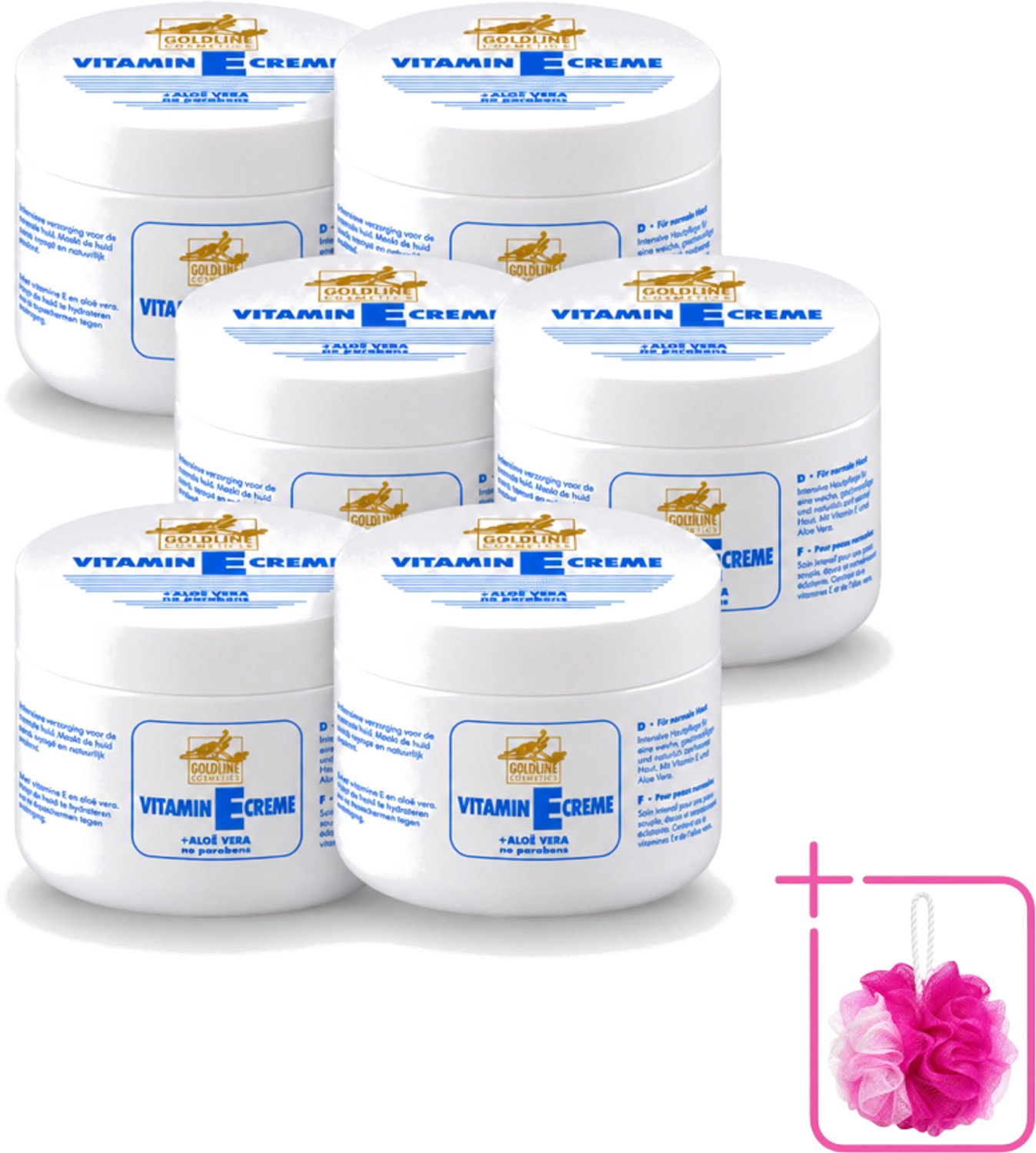 6 x Goldline - Bodycrème - Vitamine-E & Aloë Vera - Normale Huid - Hydraterend - 250 ml - Bulkverpakking - Bodycrème - Douchemop - Vitamine e
