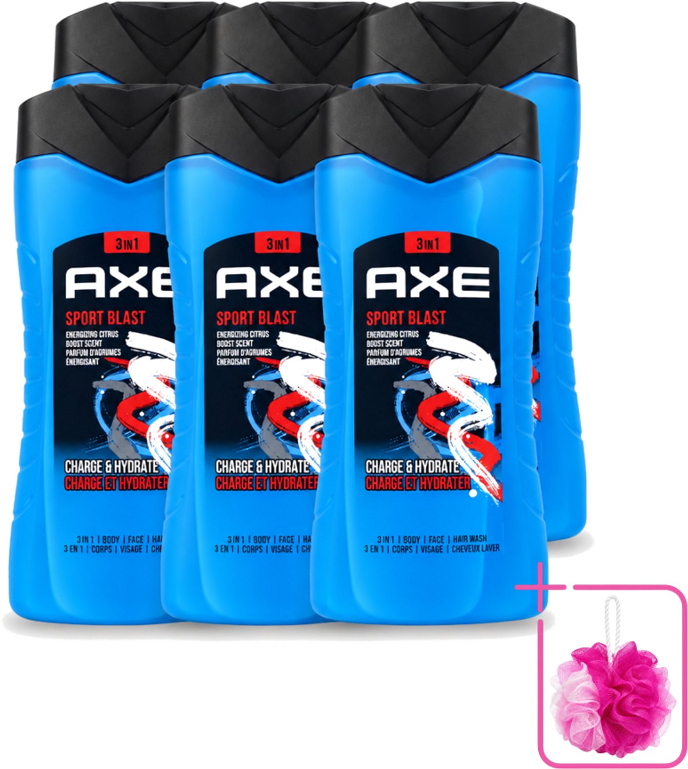 6 x Axe - 3-in-1 Douchegel - Sport Blast - Energizing Citrus - Hydraterend - 250 ml - Bulkverpakking - Douchegel sport - Douchemop - Hydraterende douchegel
