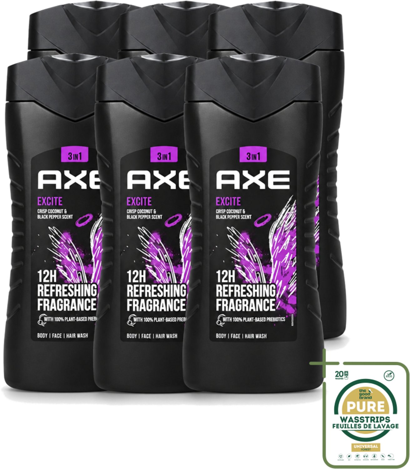 6 x Axe – Douchegel – Excite - 250 ml - Wasstrips - Douchegel - Douchegel Zwarte Peper Kokosnoot - Douchegel Voor Mannen - Douchegel Kruidige Geur - Douchegel Warm En Fris