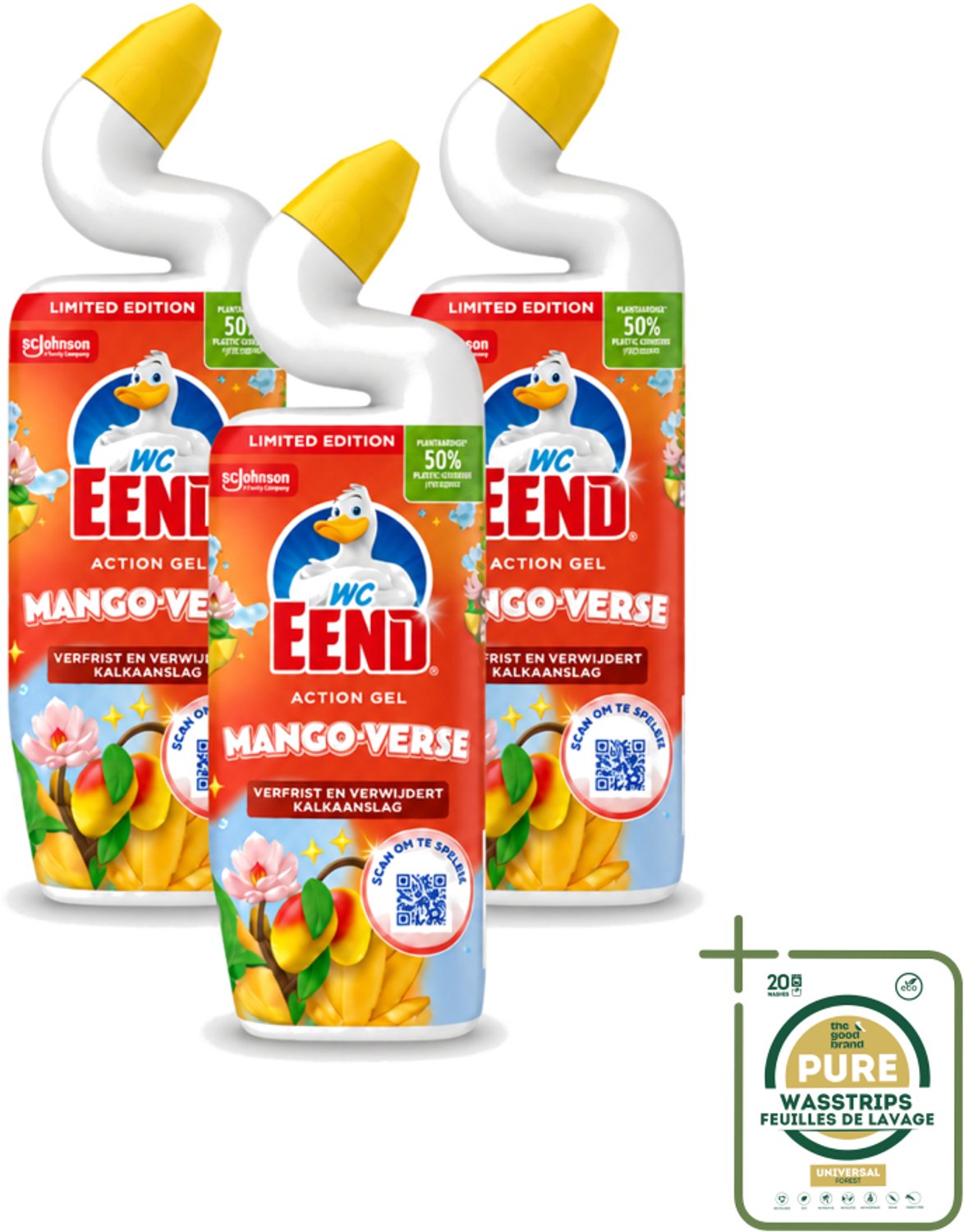 3 x WC Eend – Toiletgel – Action Gel Mango Fresh – 750 ml - Wasstrips - Toiletreiniger - Toiletgel - Kalkaanslag Verwijderen - Hygiëne - Toilet Reinigen