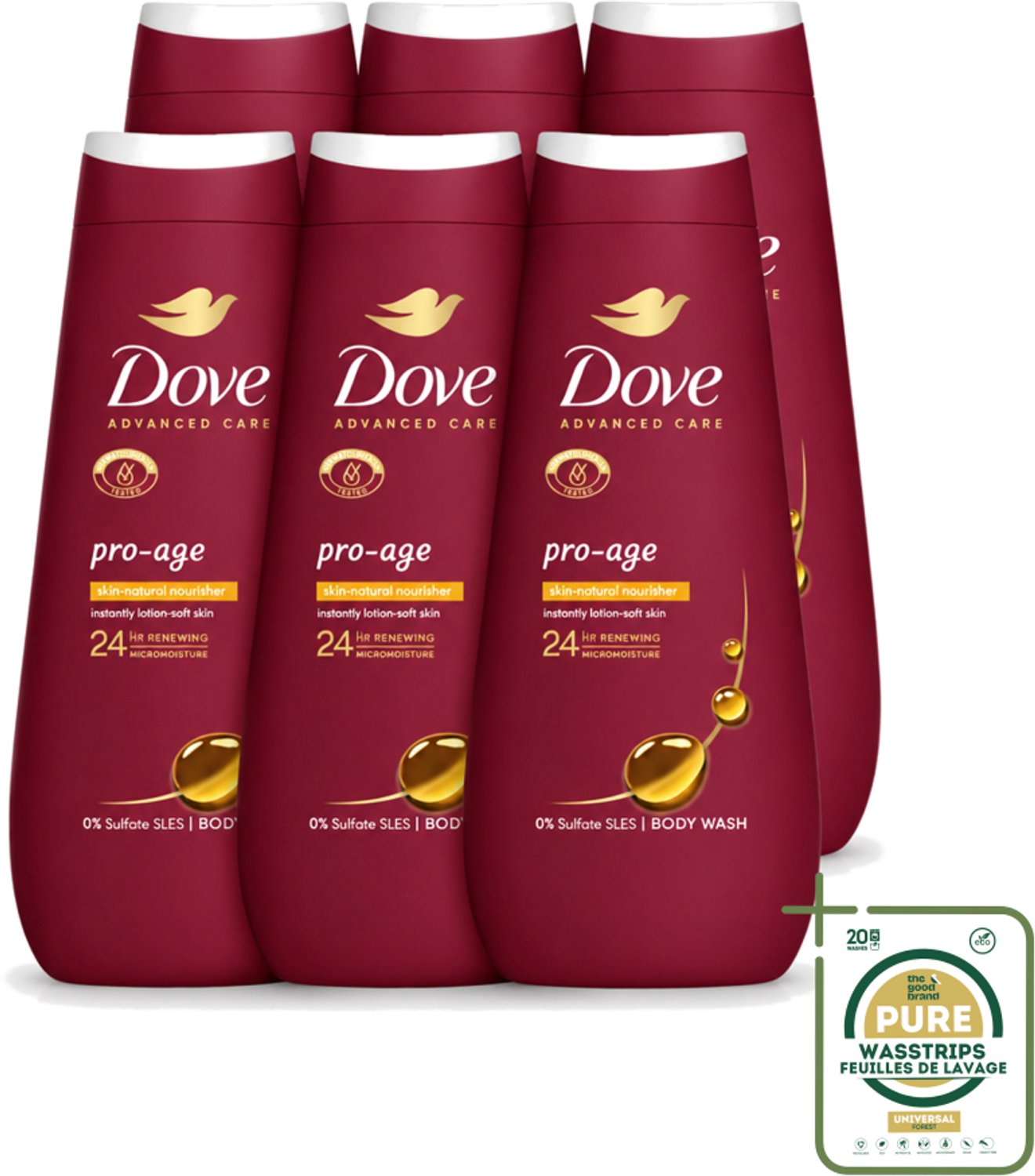 6 x Dove – Douchegel – Pro Age Body Wash – 400 ml - Wasstrips - Douchegel Voor Rijpere Huid - Huidverzorging - Hydraterende Crème - Huidbarrière - Sulfaatvrije Douchegel