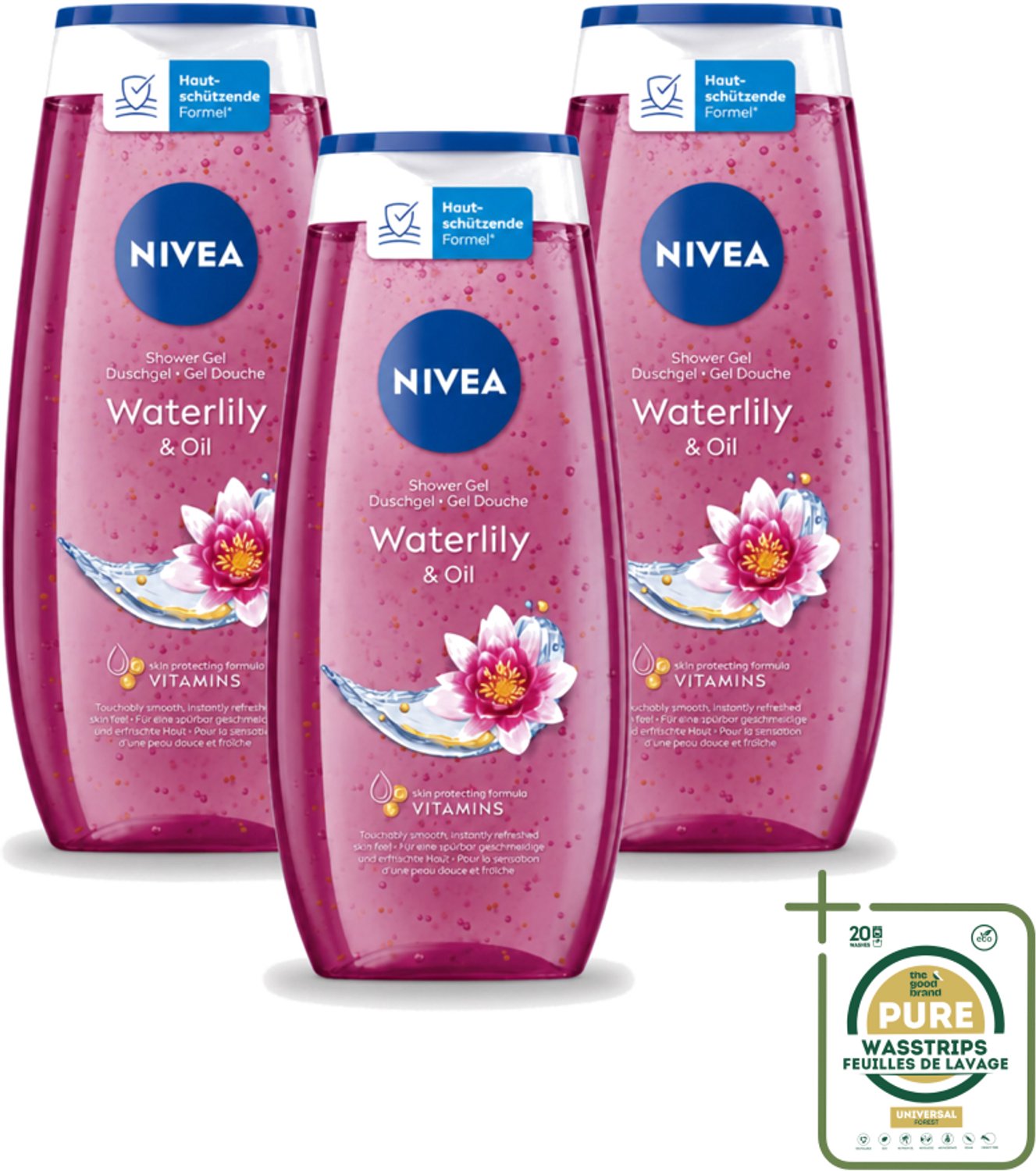 3 x Nivea – Douchegel – Waterlily & Oil – 250 ml - Wasstrips - Douchegel - Waterlelie - Huidverzorging - Mild Reinigen - Huidcomfort
