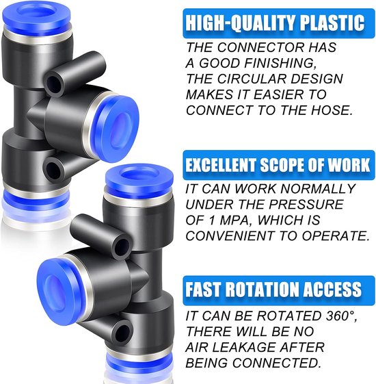 10 stuks blauw 4 mm OD 3-weg T-stuk push-to-connect fittingen (PE-4) — afbeelding 5