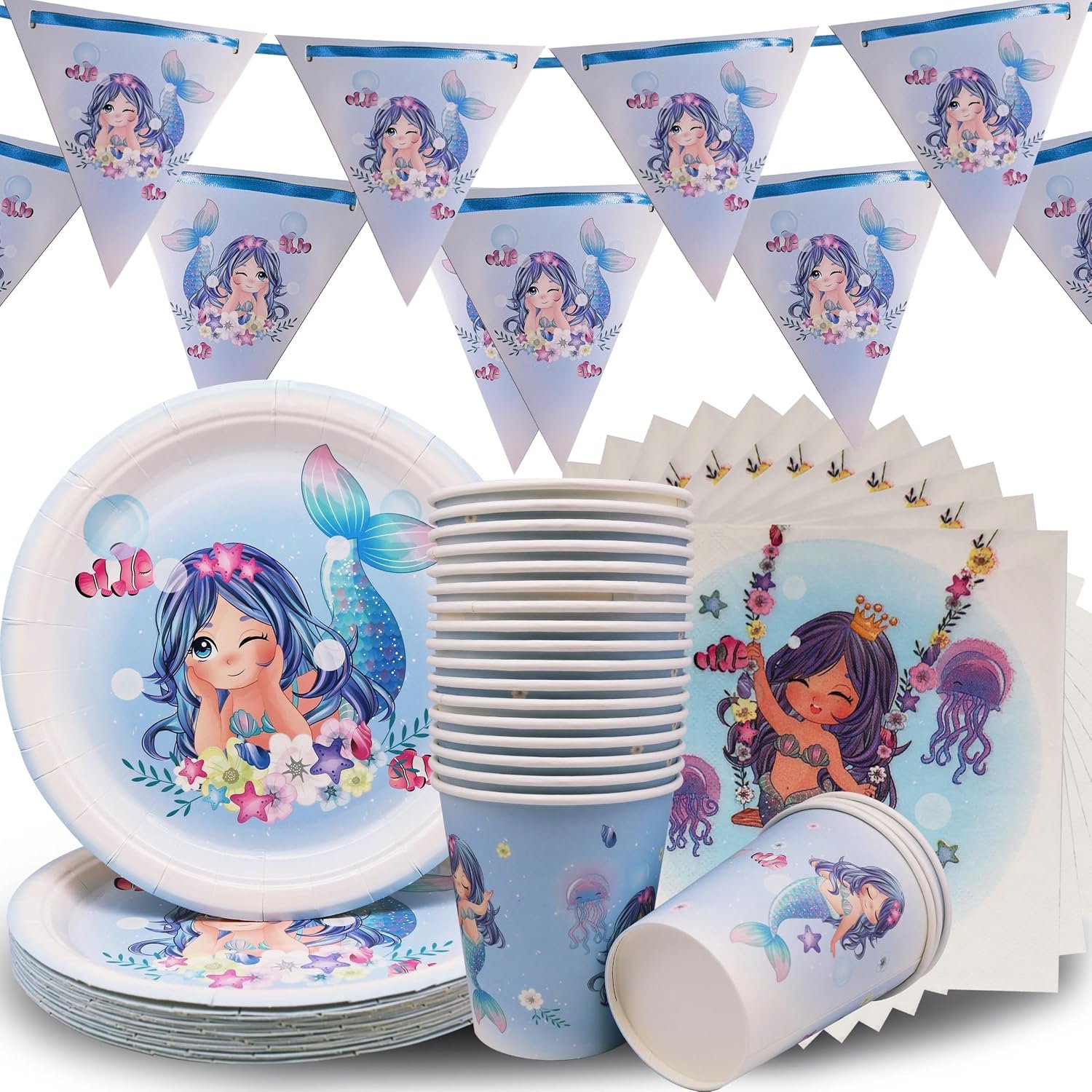 Zeemeermin-partyserviesset, zeemeermin verjaardag, papieren borden, kopjes en servetten, ketting van driehoekige vlaggen voor zeemeermin, feestartikelen (20 gasten)