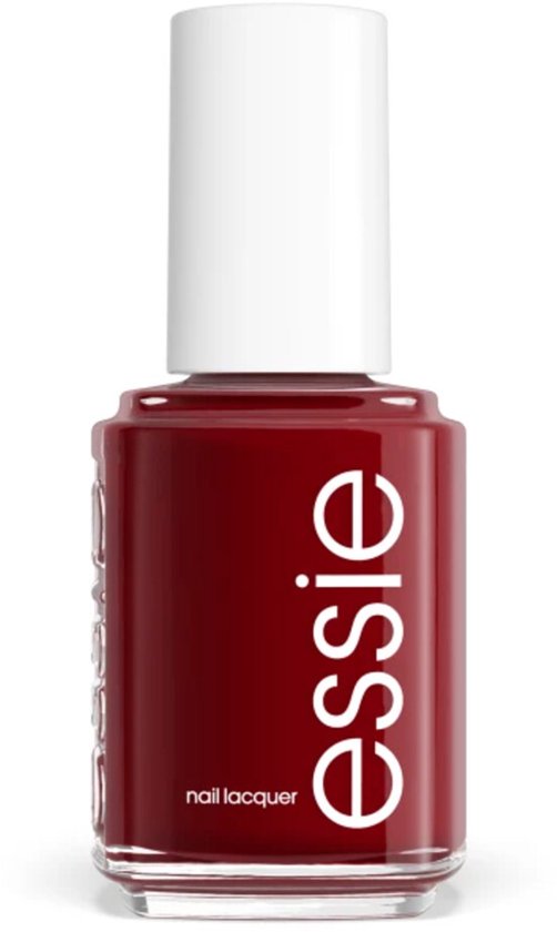 Essie nagellak flesje met bordeauxrode lak en witte dop.