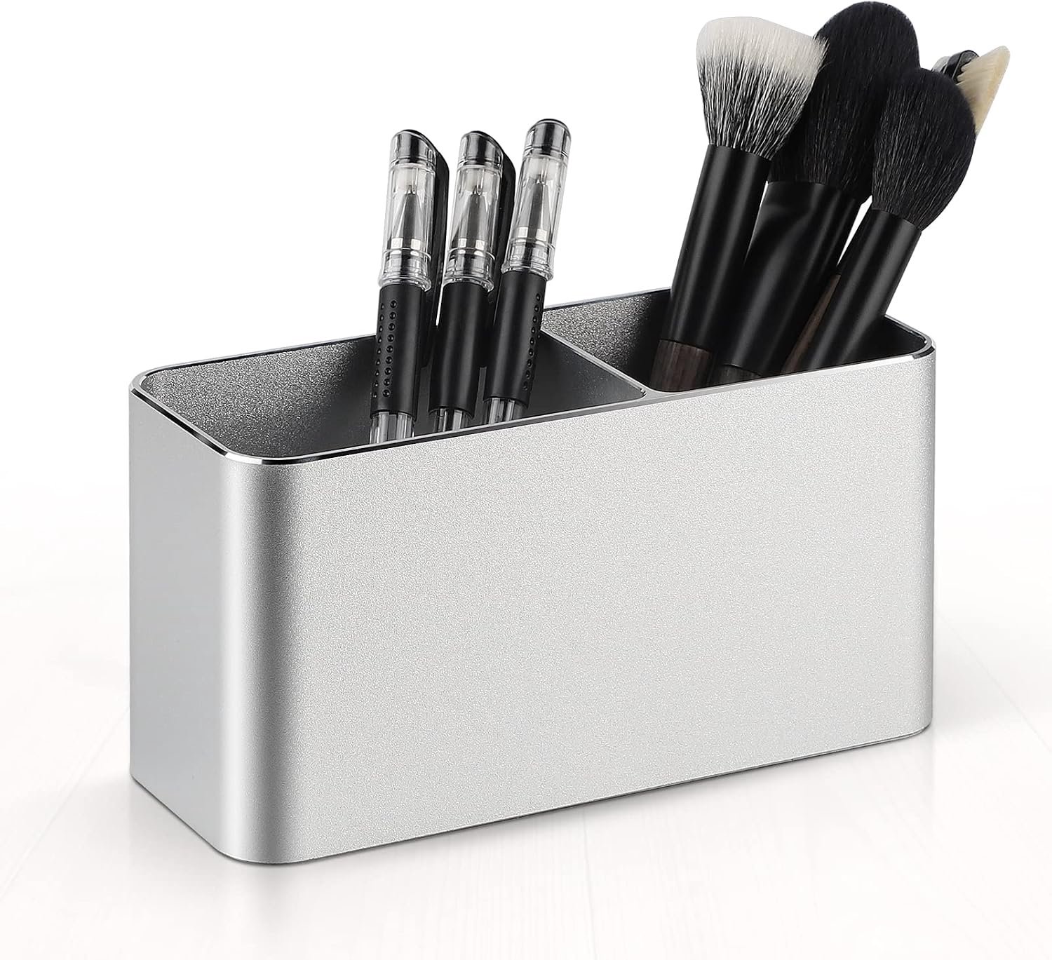 pennenhouder met twee compartimenten - zilver aluminium - stevig en stabiel - perfect voor bureau-organisatie - ShopVlot
