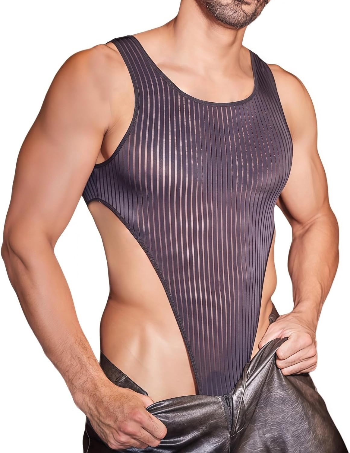 Transparante Lingerie voor Mannen - Sleevless U-Hals Sexy Thong Tanktop van Streepjesnet voor Nachtkleding en Cluboutfit