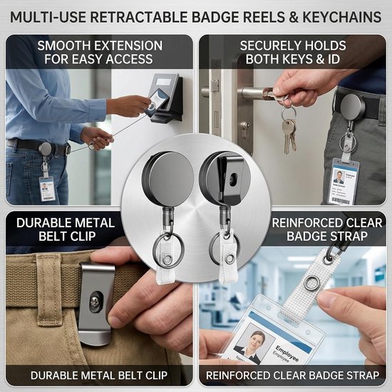 Duurzame metalen retractable badge reel voor ID-kaarthouder, sleutelhanger met roestvrijstalen veer en 70 cm nylon koord met stevige clip — afbeelding 3