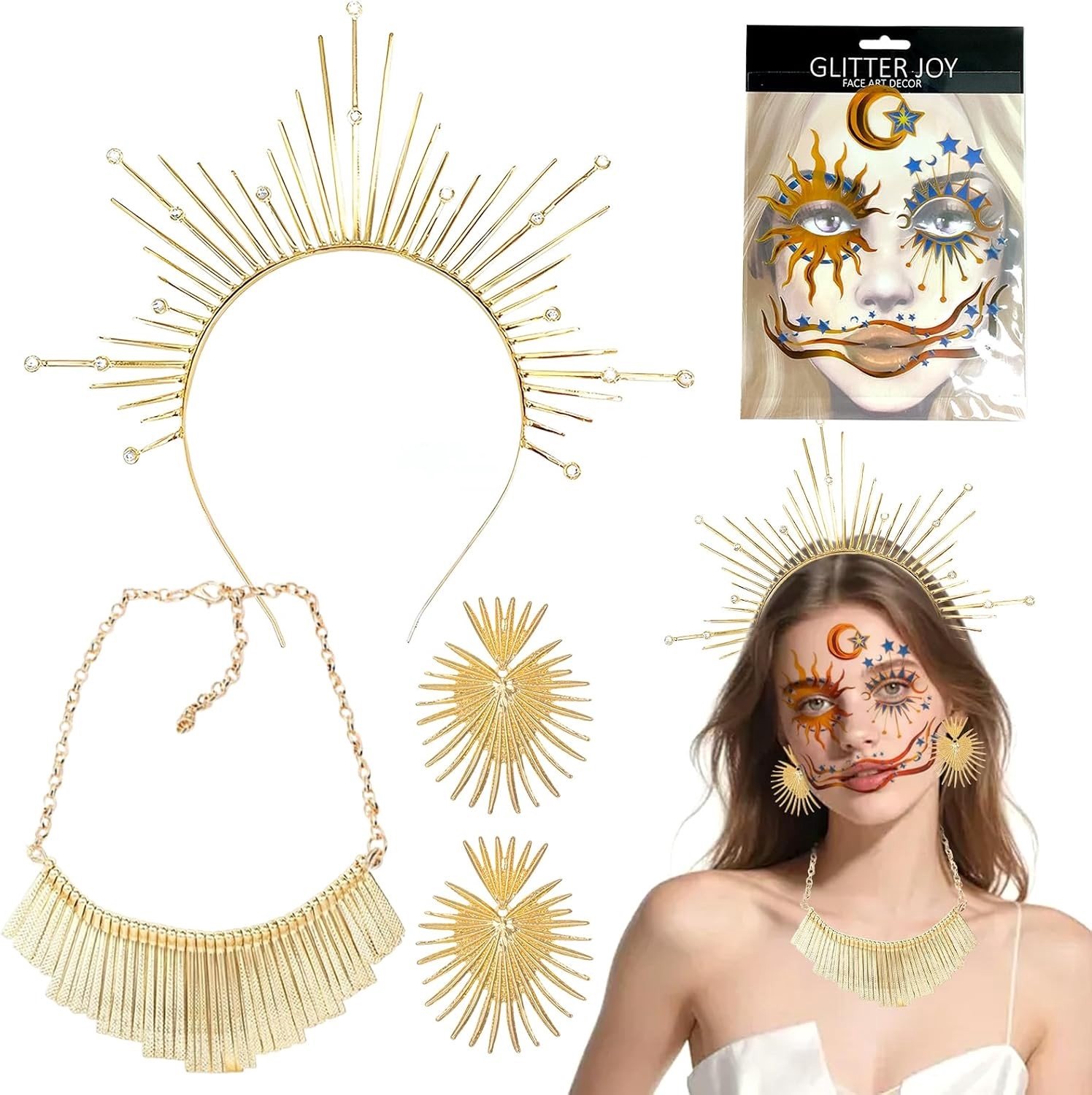 Halo Hoofdband voor Dames, Griekse Godin Kostuumaccessoires, Hoofddeksel en Sieraden voor Carnaval en Cosplay, Gouden Face Tattoo en Oorbellen