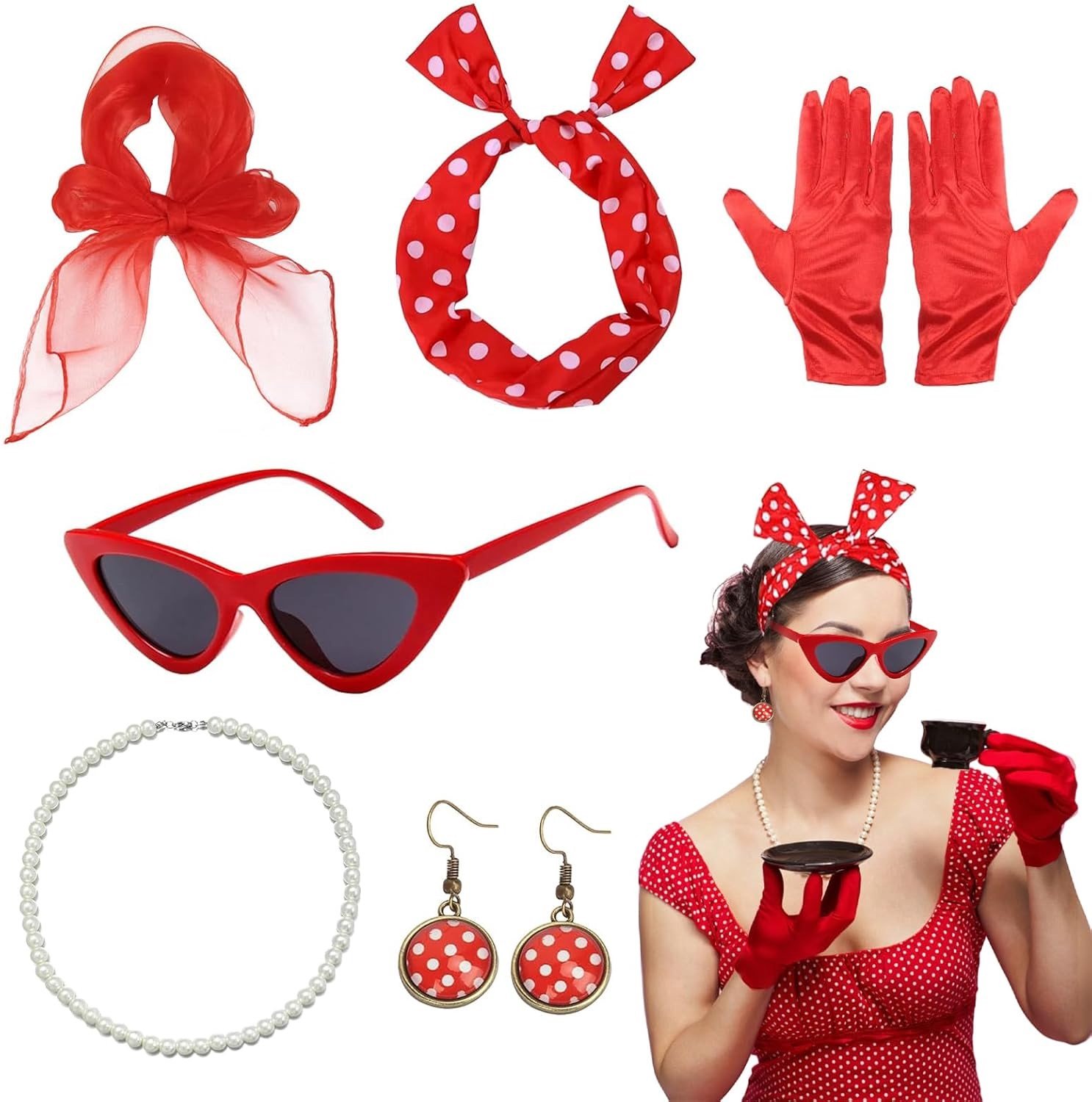 Zes accessoires voor een jaren '50 kostuum, ideaal voor feesten, thema-avonden en verkleedpartijen