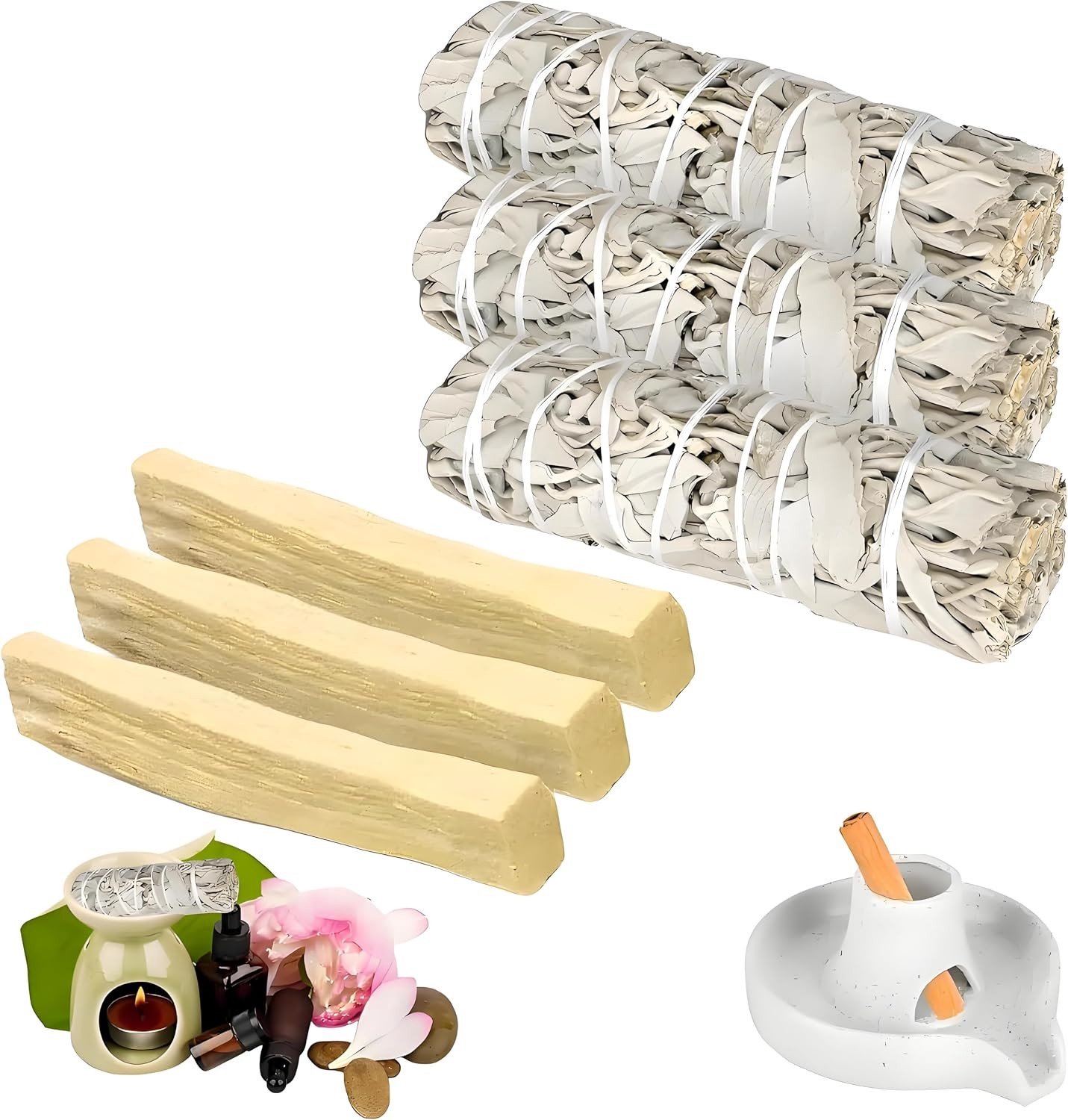Premium Witte Salie en Palo Santo Rookset, 100% Duurzaam Geoogst, Verwijdert Negatieve Energieën voor Spirituele Rituelen en Meditatie (3 Witte Salie, 3 Palo Santo)
