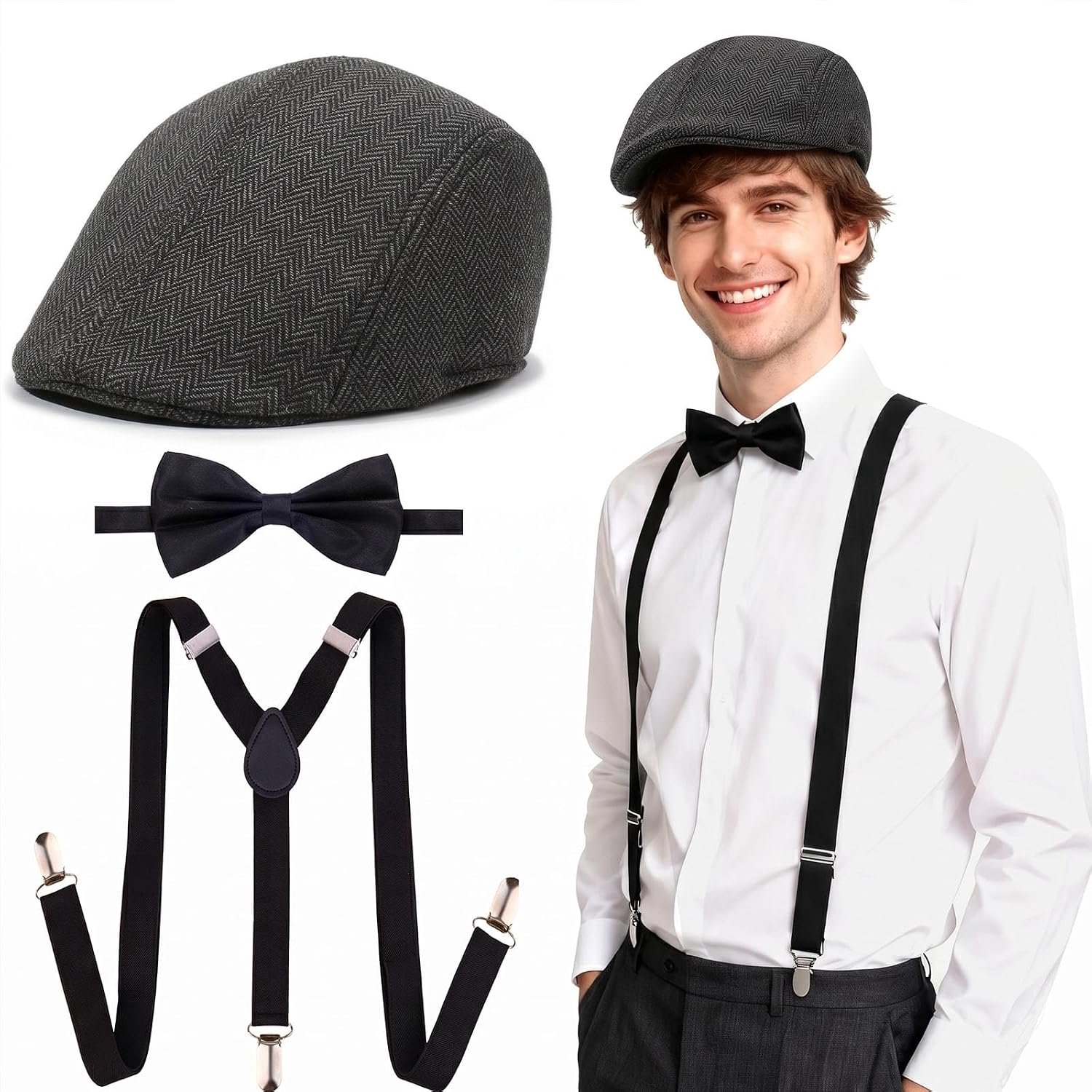 Peaky Blinders kostuum voor heren, 3 stuks, de grote Gatsby, inclusief gangsterhoed, ophanging, stropdas, jaren 20-kostuum voor themafeesten, Halloween