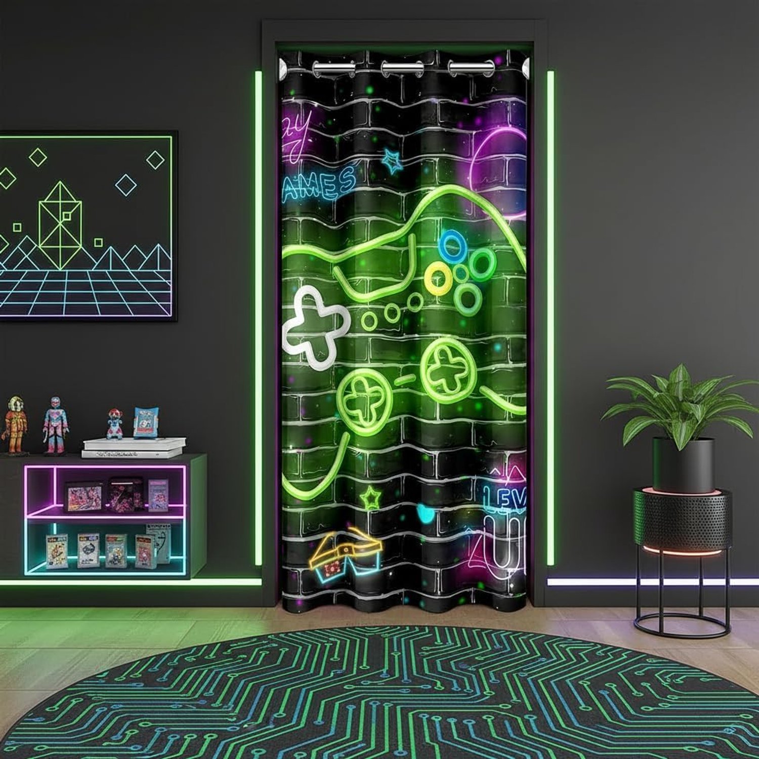 Gamepad deurgordijn voor jongens, 106 x 203 cm, aquarel, neon spelcontroller, deurway-gordijnen voor kinderen, retro abstracte baksteen, muurpatroon, deurgordijnen voor privacy