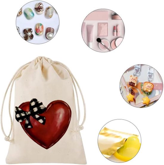 10 stuks katoenen zakjes met koord, hart, sieradenzakjes, cadeauzakje voor Moederdag, oogstfeest, bruiloft, verjaardag, Kerstmis, geschenkverpakking, wit — afbeelding 5