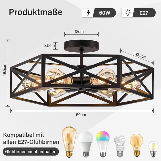 Vintage Plafondlamp Zwart 6 lichten E27, Industrieel Stijl Half Ingebouwd Metaal, Modern Kooi Lichtarmatuur voor Keuken, Gang, Slaapkamer, Woonkamer en Entree — afbeelding 2