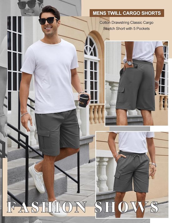 Voqeen Korte broek heren cargo shorts casual katoen trekkoord cargobroek zomer vrijetijdsbroek elastische taille stretch shorts met zakken — afbeelding 2