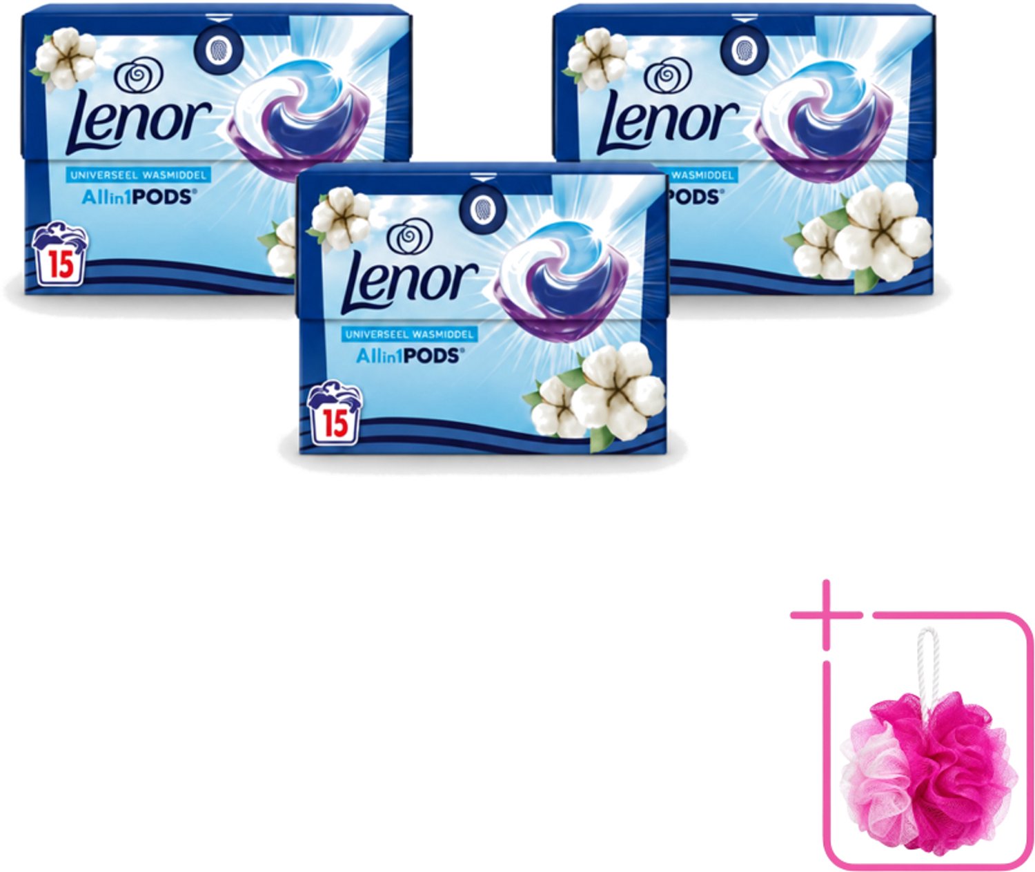 3 x Lenor - Wasmiddel Pods - Universeel - Katoen Fris - 15 Wasbeurten - Bulkverpakking - Wasverzachter - Douchemop - Katoen fris