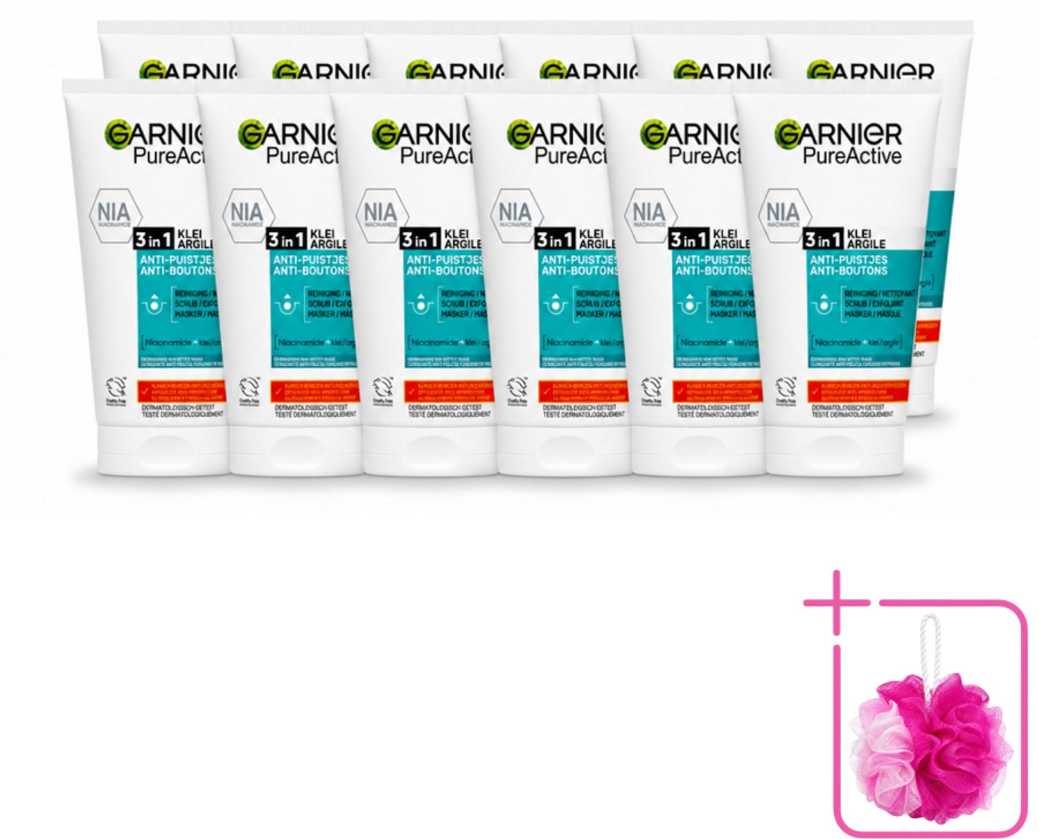 12 x Garnier - Pure Active - 3-in-1 Reiniging Scrub Masker - Tegen Puistjes & Onzuiverheden - Klei & Niacinamide - 150 ml - Bulkverpakking - 3-in-1 reiniging - Douchemop - Puistjes