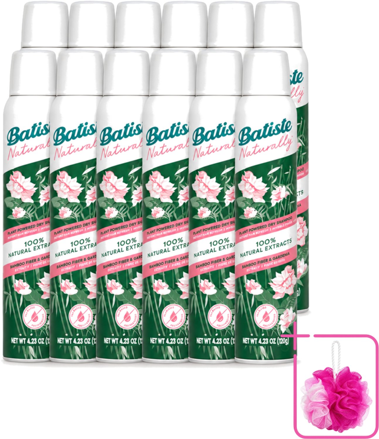 12 x Batiste - Naturally Bamboo Fibre & Gardenia - Droogshampoo - Versterkt en Verfrist - 100% Natuurlijk - 200ml - Bulkverpakking - Natuurlijke haarkleur - Douchemop - Haarkleur verfrissen