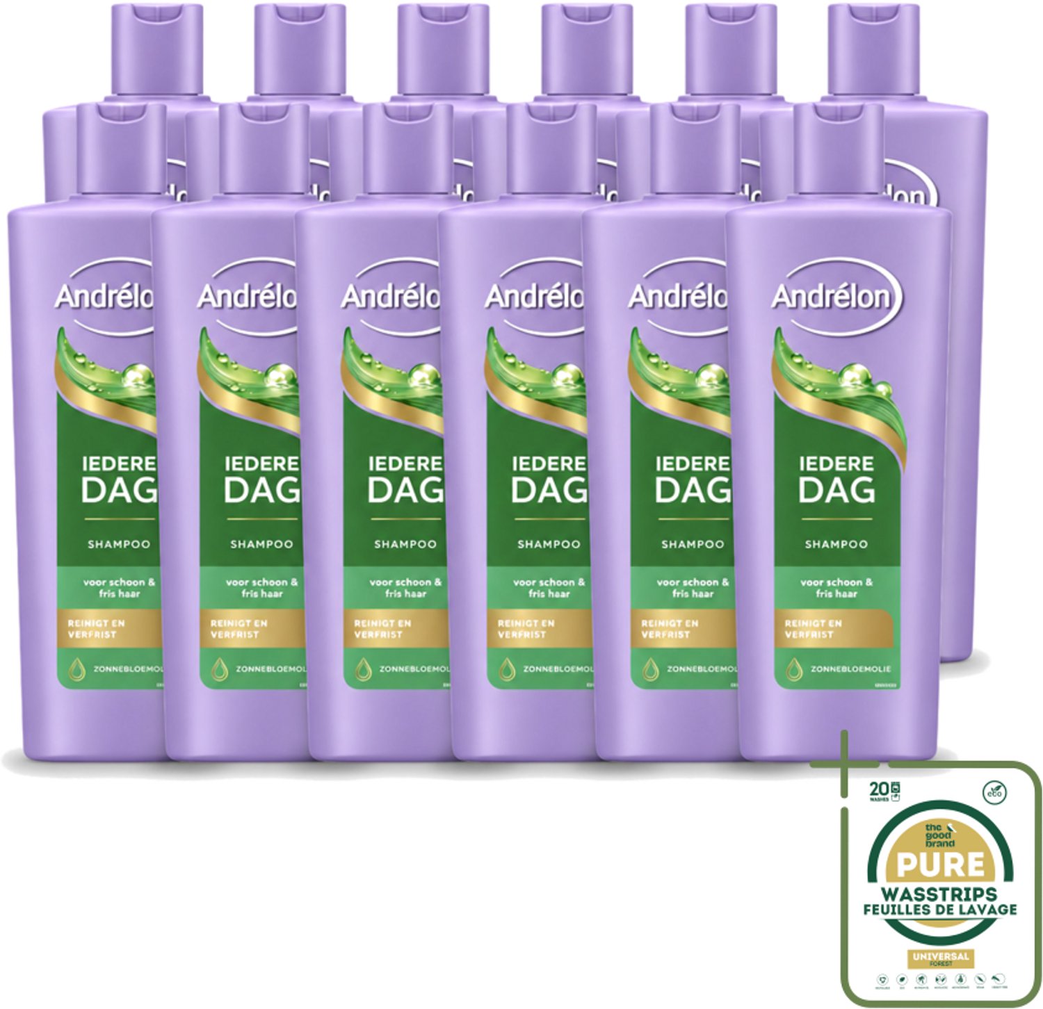 12 x Andrélon – Shampoo – Iedere Dag – 400 ml - Wasstrips - Haarkleur - Haarverzorging - Shampoo - Dagelijks Wassen - Zonnebloemolie