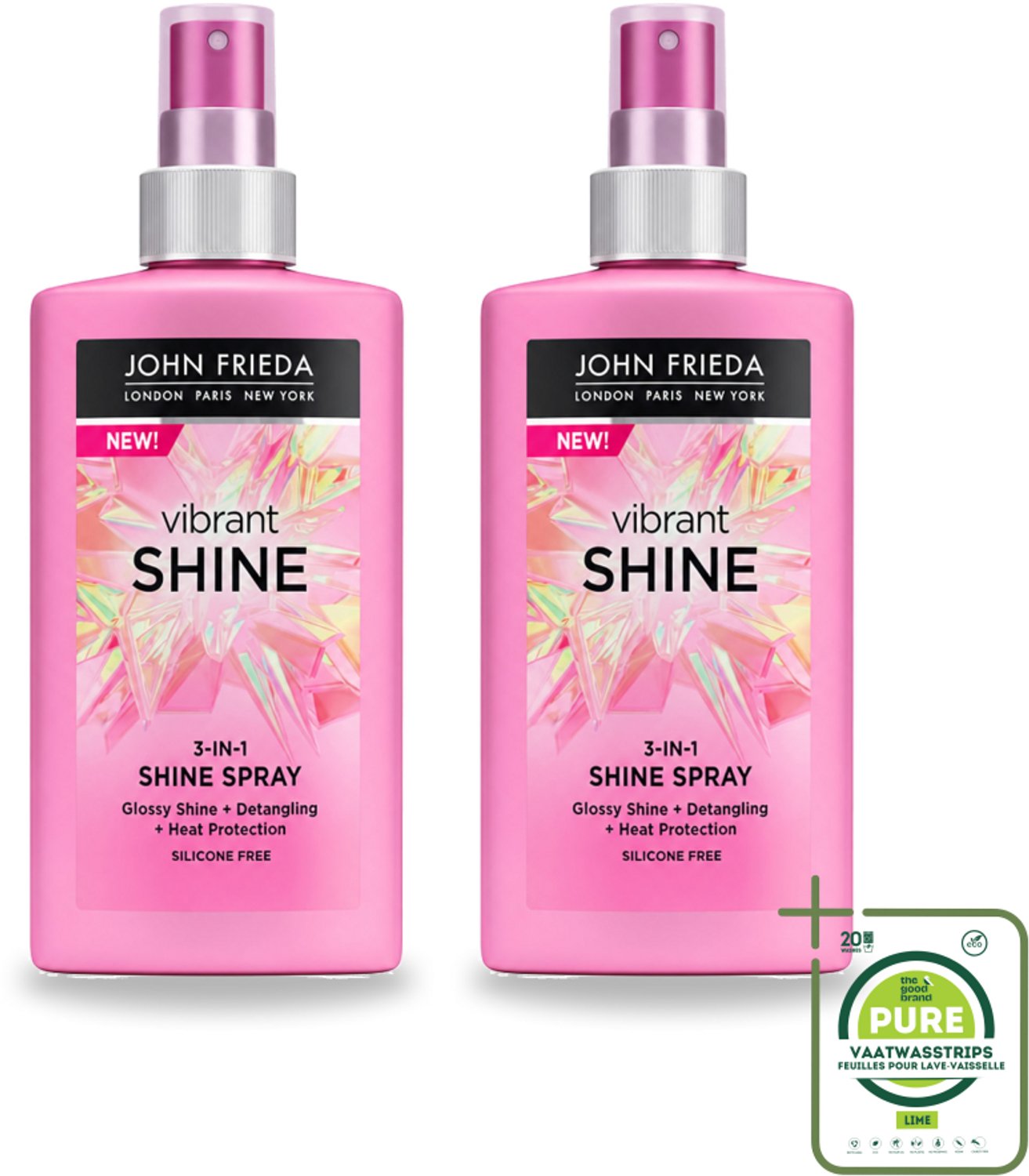 2 x John Frieda – Haarspray – Vibrant Shine Colour 3-in-1 Shine Spray – Glansversterkend – 150 ml - Grootverpakking - Glans Spray - Haarkleur - Hittebescherming - Arganolie - 3-in-1 Spray